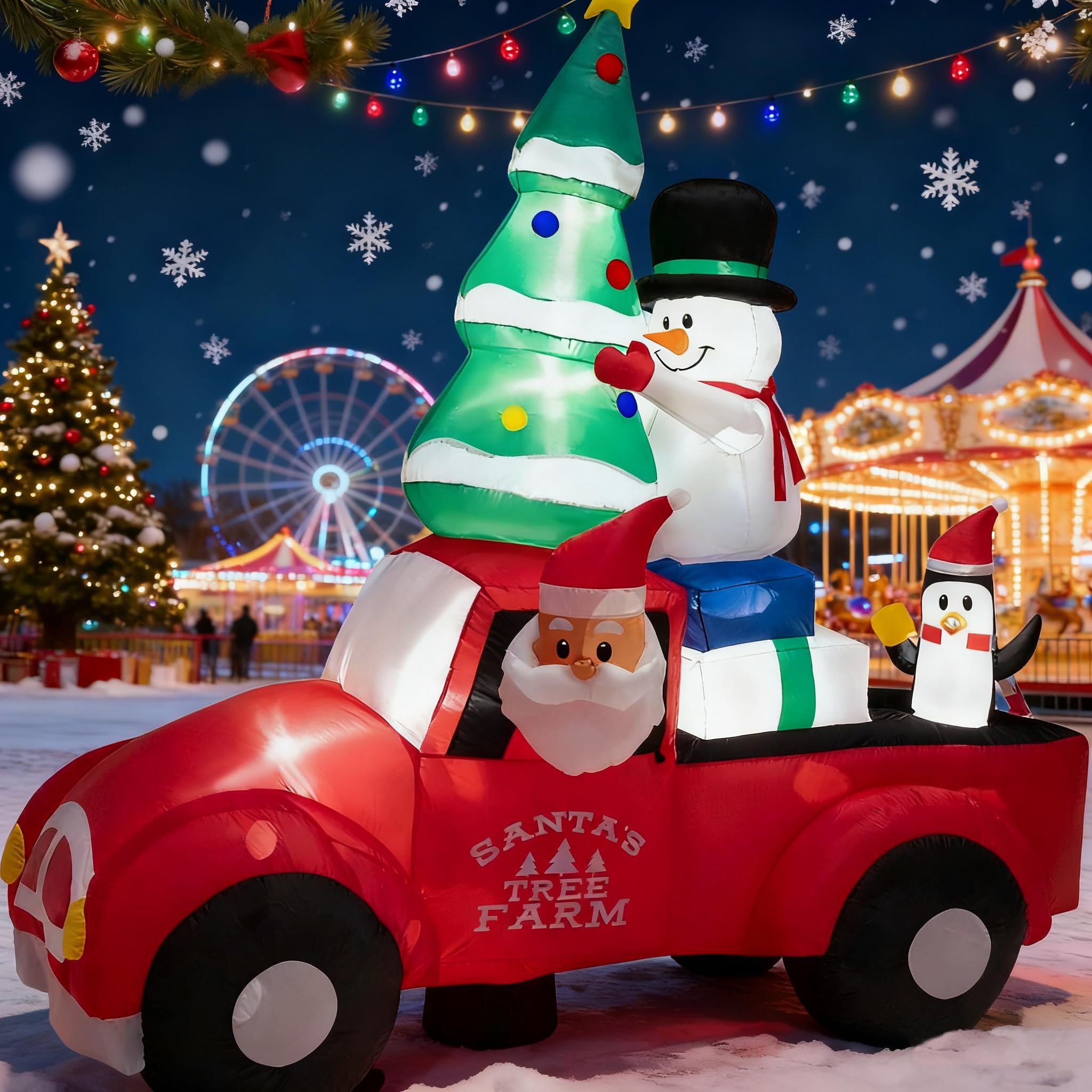 GOPLUS 2,4m aufblasbarer Weihnachtsmann Deko, Santa Claus im Auto mit LED Lichtern & Gebläse, Weihnachtsdeko XXL aufblasbar mit Weihnachtsbaum, Schneemann & Pinguin für drinnen & draußen