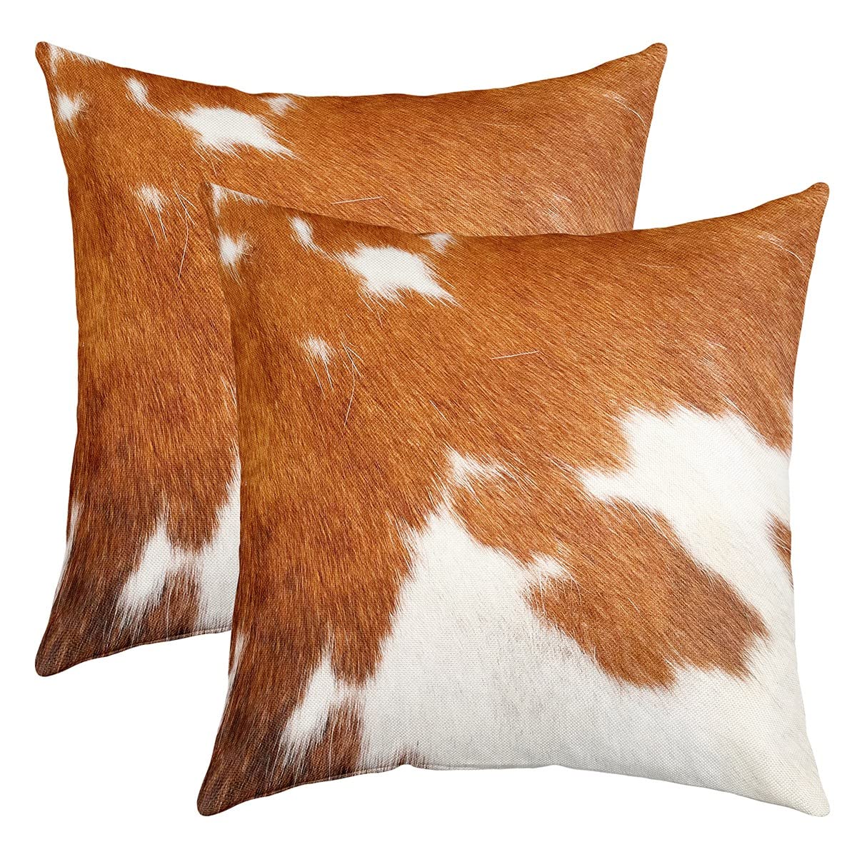 Federa in pelle bovina 45 x 45 cm, in pelle bovina fattoria Western Village, animali selvatici, animali, per casa, soggiorno, federa reversibile, colore: bianco marrone, set di 2 federe per cuscino