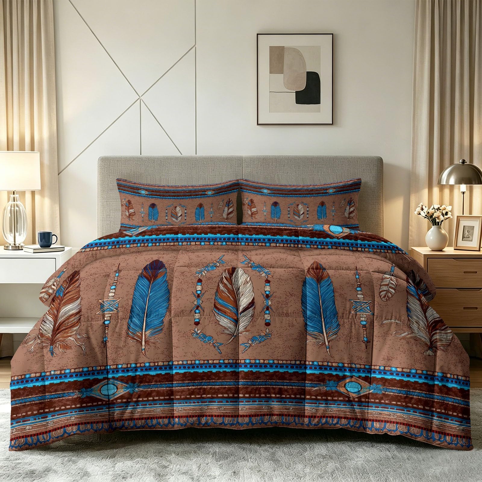 Kołdra etniczna w stylu vintage, 240 x 220 cm, na 4 pory roku, brązowa – zimowa i letnia, miękka, nadająca się do prania, bez poszewki z piórkami, geometryczny brzeg, antyalergiczna kołdra pikowana