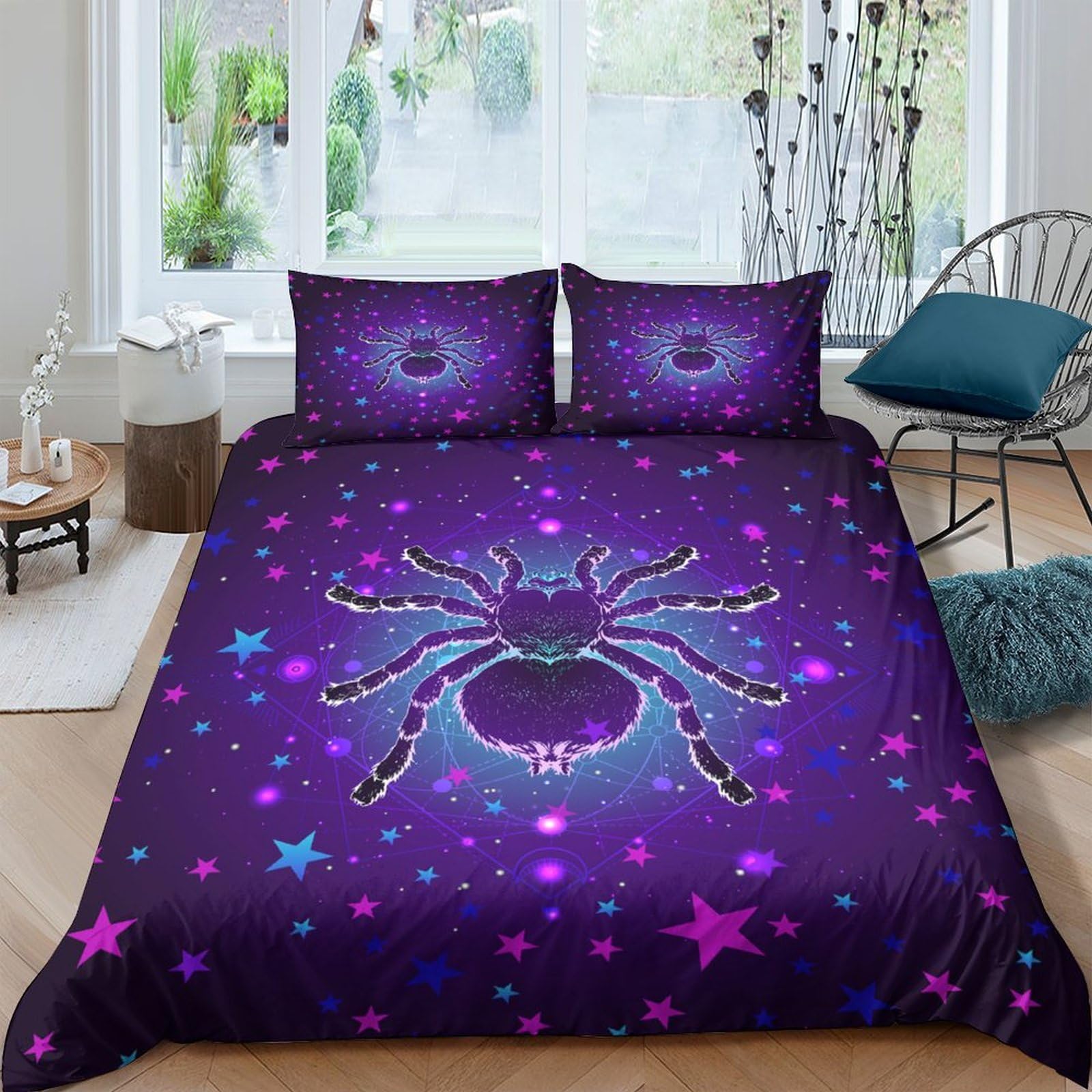 GPLZQXKJNH 3D Printed Purple Spider Duvet Cover Microfiber Soft Breathable Star Bedding Set with 2 Pillowcases for Bedroom Decor Single（135x200cm）