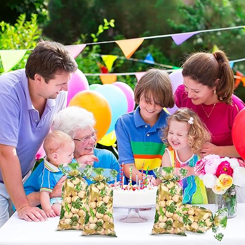 Miniatura 5 de Sumind 100 bolsas de golosinas de celofán de animales de la selva, hojas de palmera de animales de safari de color verde dorado, bolsas de plástico