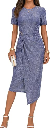 Women's Ruched Midi Dress Short Sleeve Bodycon Metal Buckle Elegant Wedding Guest Cocktail Party Dress