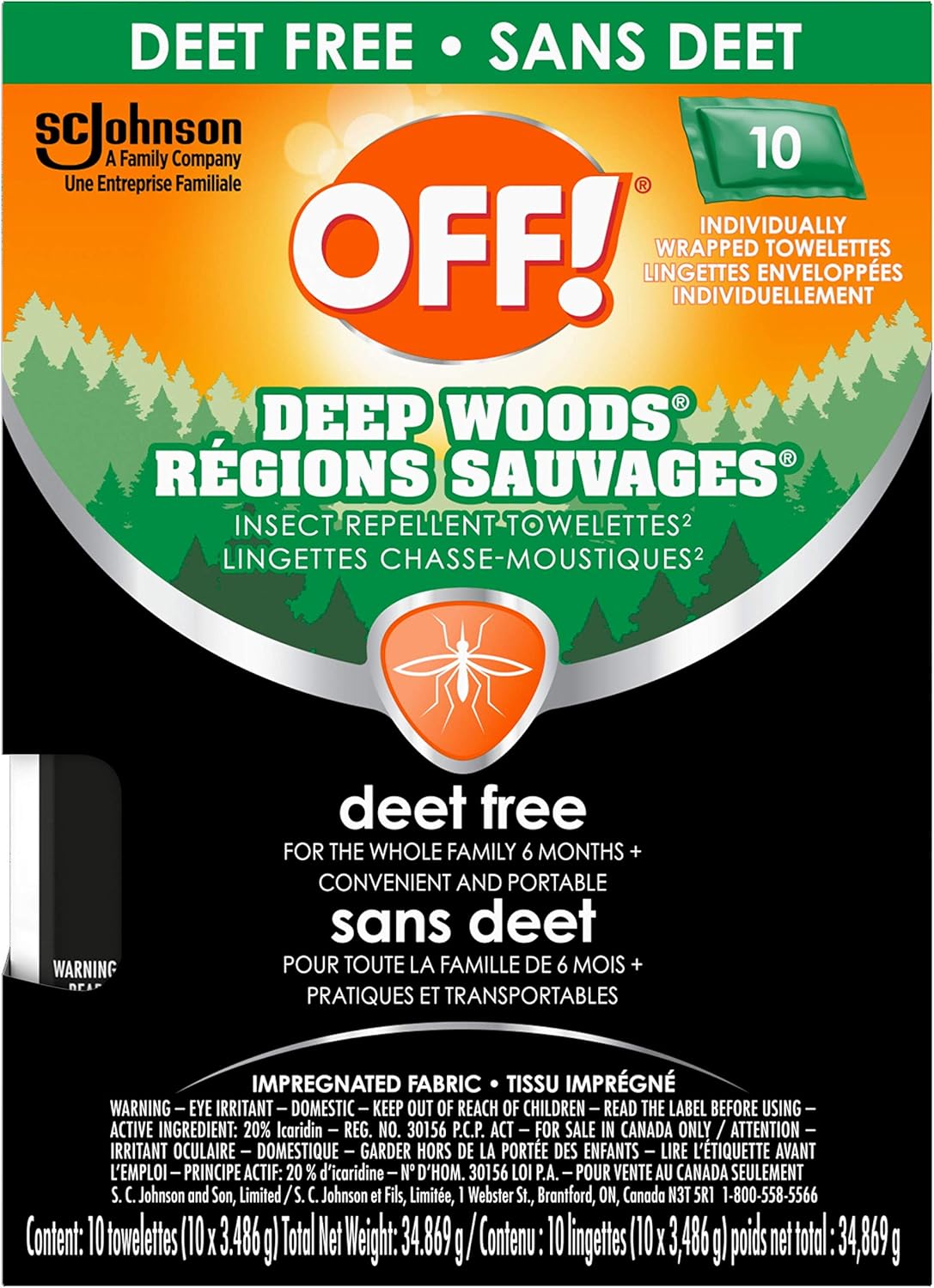OFF Deep Woods Deet Free Insect and Mosquito Repellent Towelettes, Bug