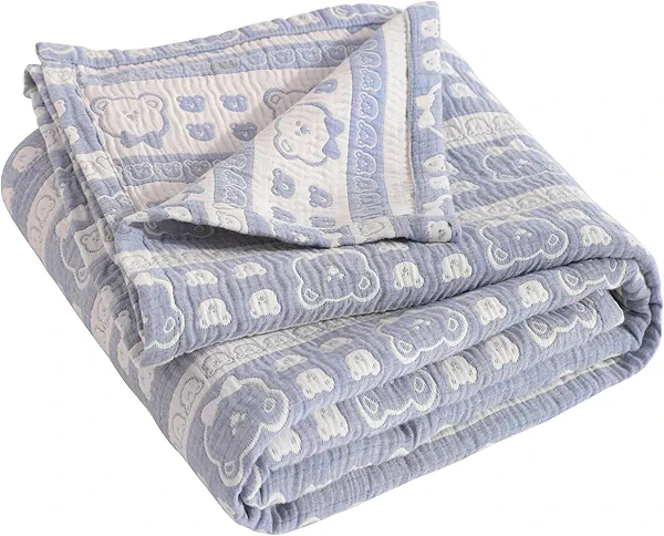 NTBAY 3 Layer Muslin Cotton Toddler Blanket, Jacquard Reversible Nursery Bed Blanket, Super Soft and Thermal for All Seasons, Decoration Gift, 30"x40", Blue Bear