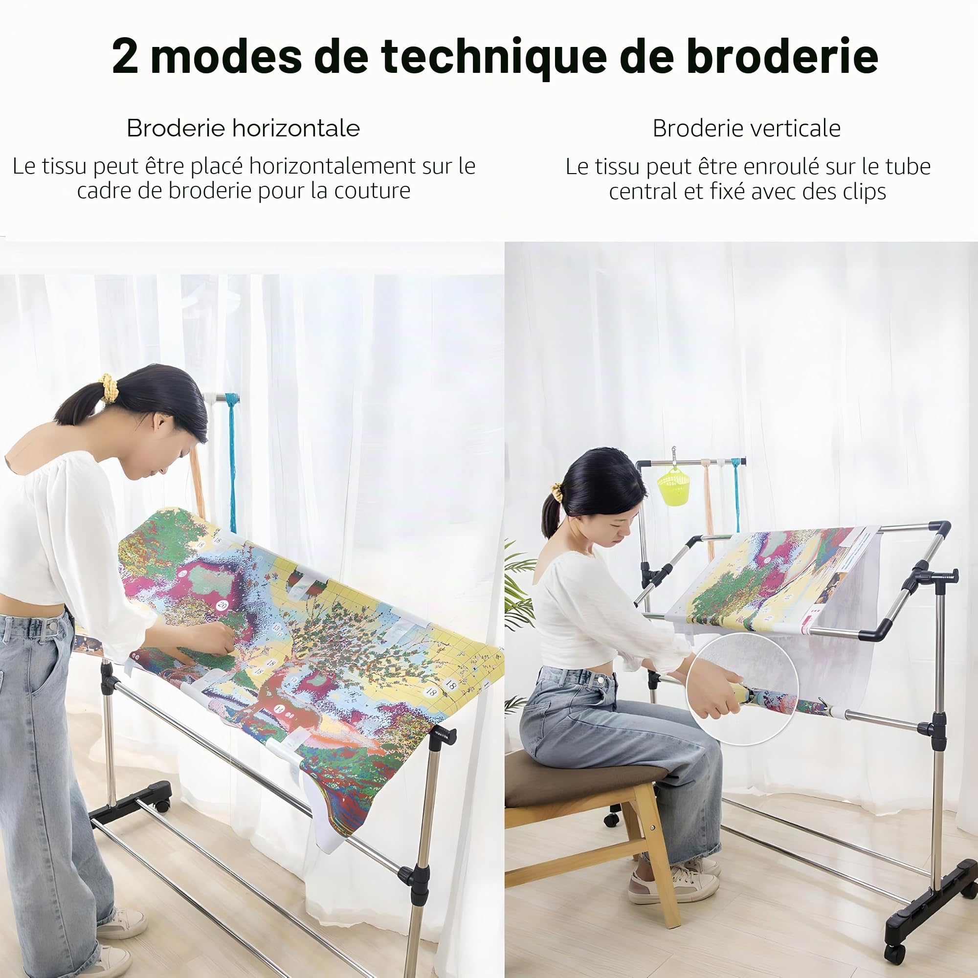 Cadre de Sol pour Travaux D'aiguille, Table de Broderie sur Pied Réglable en Hauteur, Support en Acier Inoxydable pour Point de Croix, Support de Couture Artistique, Support de Tambour À Broder 100cm