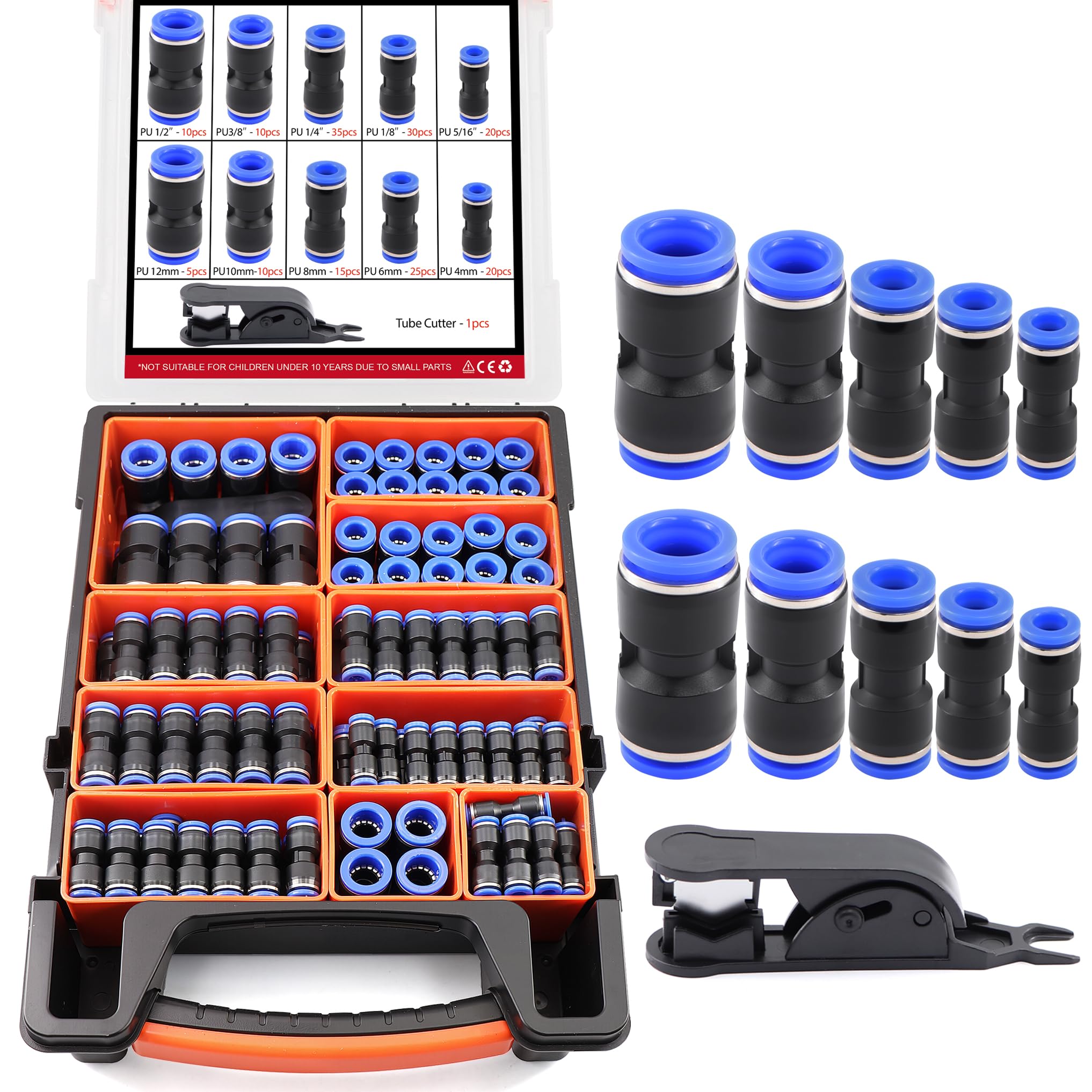 View 1 of 180PCS Quick Connect Air Hose Fittings Kit - 1/8",1/4",5/16",3/8",1/2" & 4,6,8,10,12mm Push to Connect Straight Pneumatic Assortment with Tube Cutter for Air Compressor, Workshop, Auto Brake Systems
