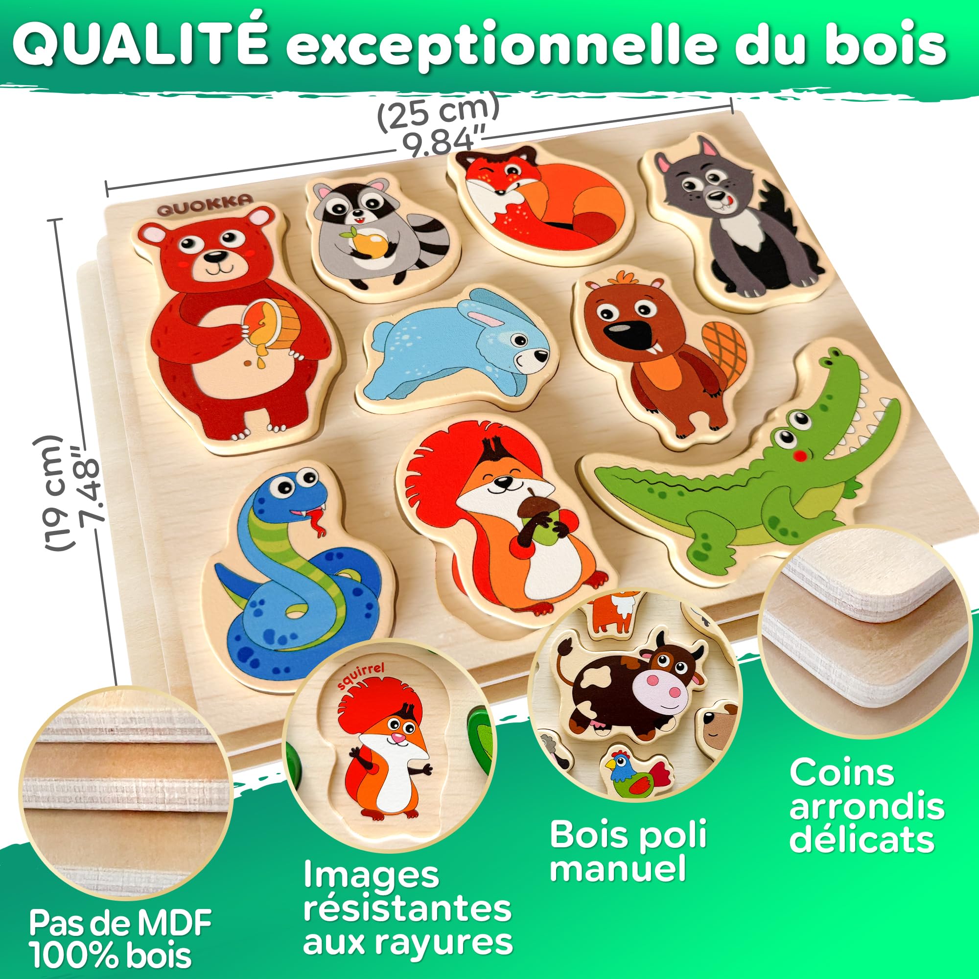 QUOKKA Puzzle en Bois Enfant 1 2 Ans - Jouet Montessori Animaux Épais 3 4 Ans - Jeux Educatif Cadeau 1 à 3 Ans