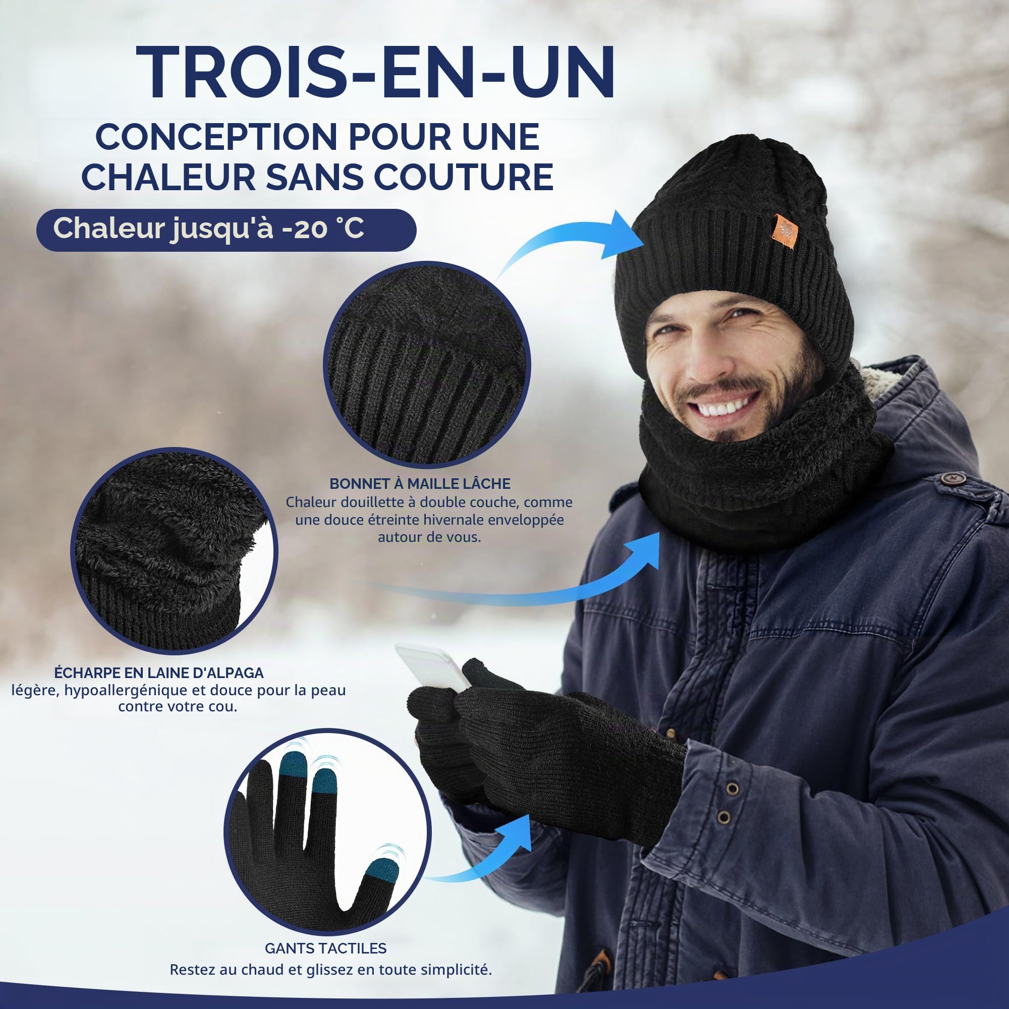 Hommes Femmes Hiver Chaud Bonnet Gants Tactiles Écharpe Tricoter Ensemble, Ensemble Bonnet Echarpe Gant Homme Chauds d'hiver 3en1 pour les cadeaux de Noël/Anniversaire/Nouvel An