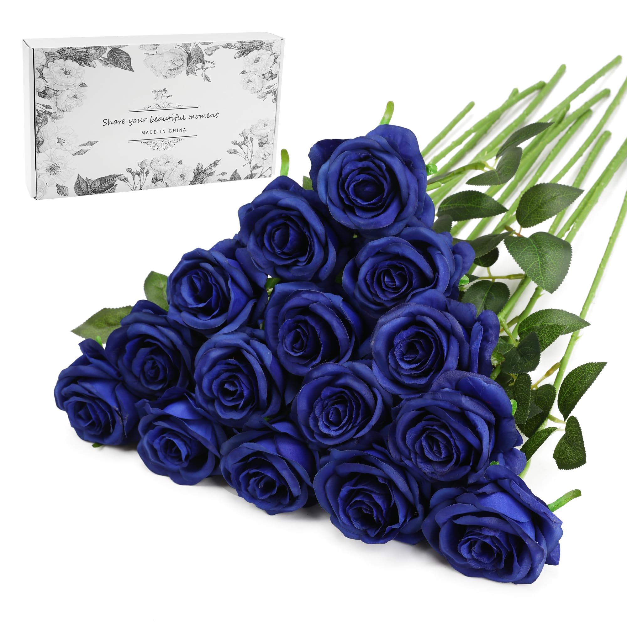 Blue Fake Roses Artificial Flowers - 16 Pcs Fake Artificial Roses Silk Flowers with Stems for Home Wedding Hotel Office Centerpiece Decor（Navy Blue）