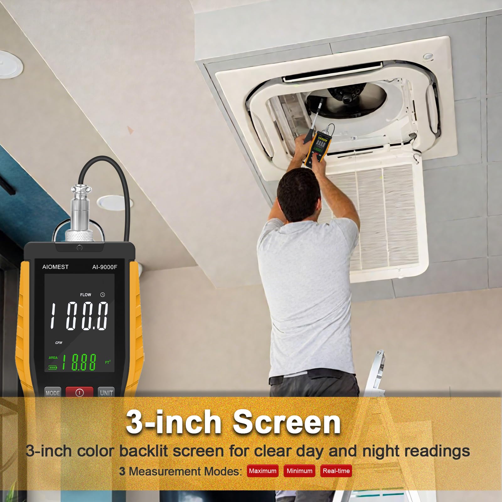 Anemómetro Térmico de Hilo Caliente AIOMEST AI-9000F HVAC Medidor de Viento Velocidad y Temperatura