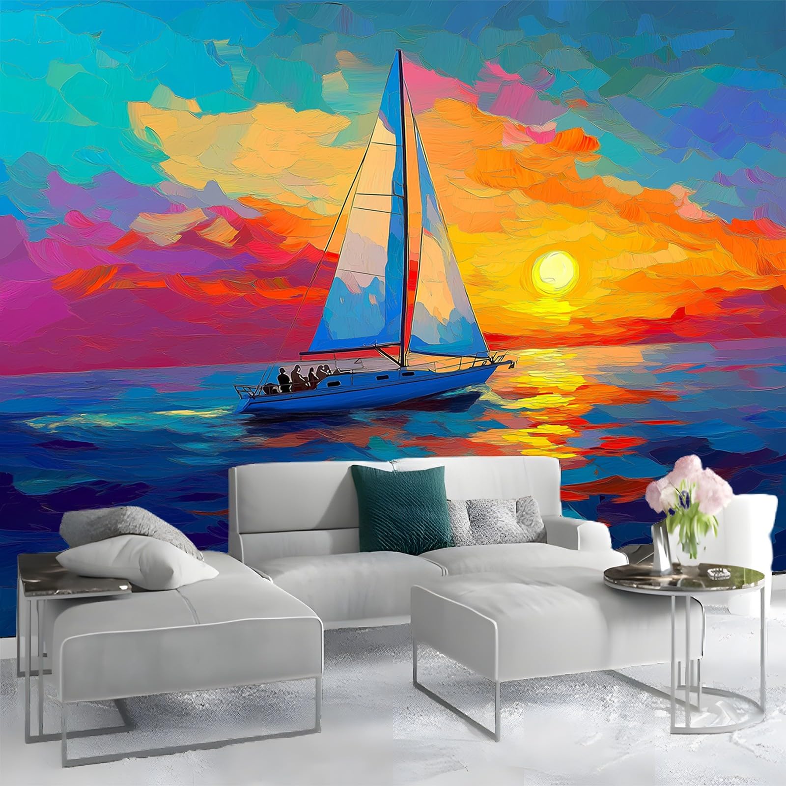 Niestandardowe fototapety salon sypialnia restauracja dekoracja tapety 400 x 280 cm abstrakcyjny zachód słońca żaglówka tapeta włóknina ścienna malowidła ścienne kolorowe dekoracje