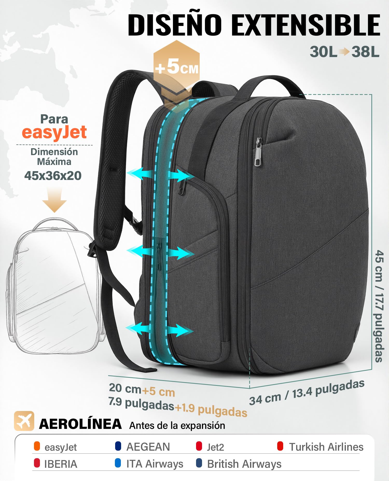 VANKEV Mochila de Viaje Expandible Equipaje de Mano para EasyJet Bolsa PC | 30L-38L, Gran Capacidad, Mochila Ligera para Portátil 17", Mochila de Viaje Casual para Hombre y Mujer, Gris Basalto