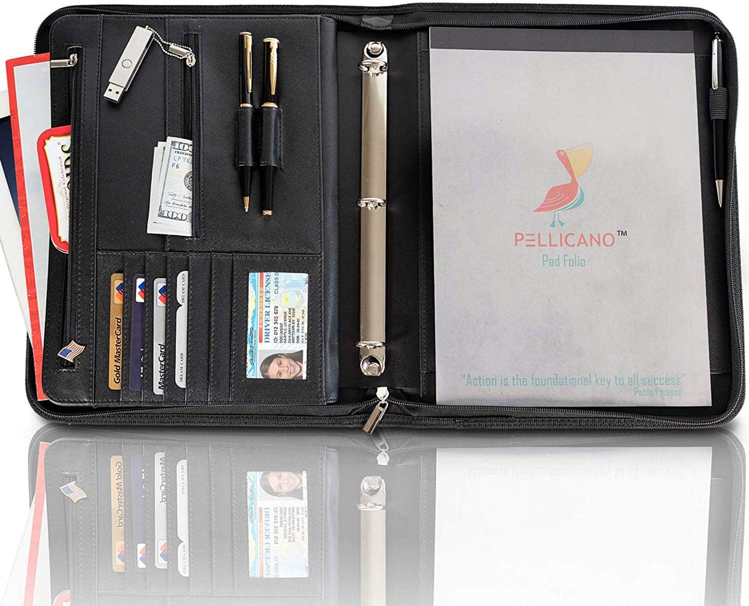 PELLICANO Professional Vegan Leather Portfolio Organizer – Black Handcrafted Faux Leather Business Padfolio for Men and Women with 3 Ring Binder, iPad Holder, Legal Pad, and More, 13 x 10.6 x 1.5 in.