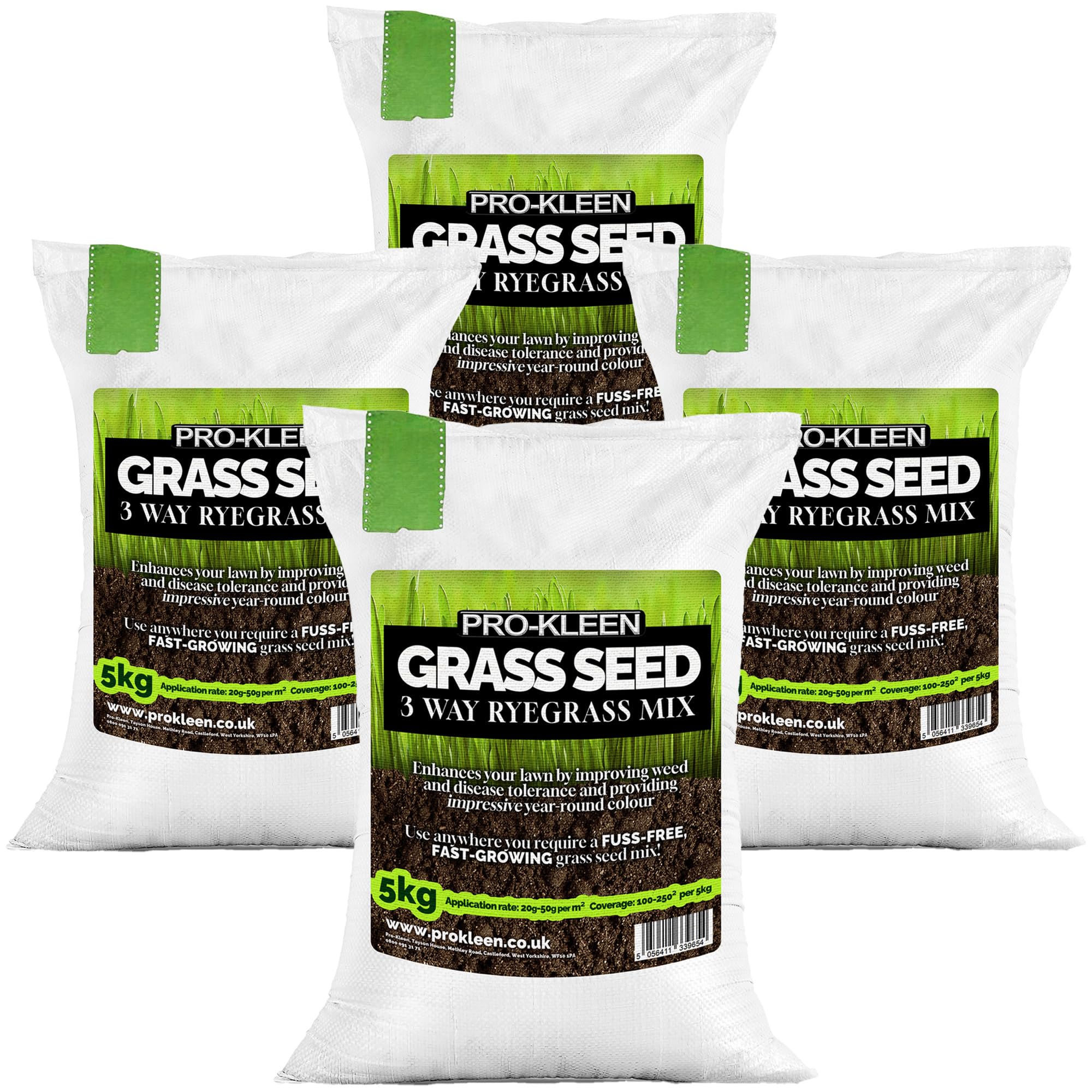 Pro-Kleen Grass Seed 3 Way Ryegrass Mix 4 x 5kg - Premium Lawn Seed - Hard Wearing, Fast Germination & Multi-Resistant Against Winter Damage, Rust & Disease - Coverage 400-1000² from 5kg