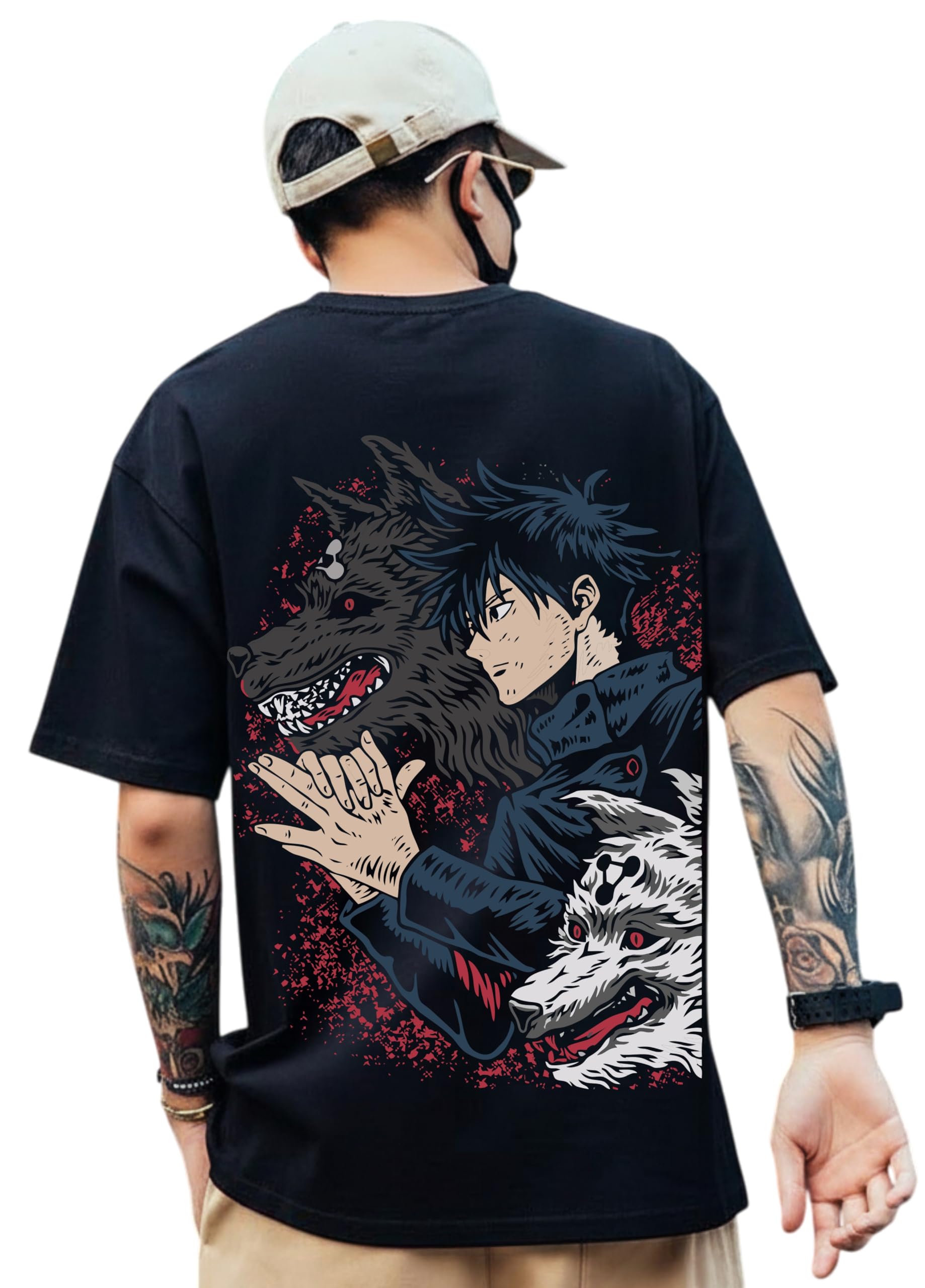Cotton 3/4 Sleeve Mens Oversized Black T-Shirt, Anime Printed Fox Oversized Back Printed T Shirt-image-23