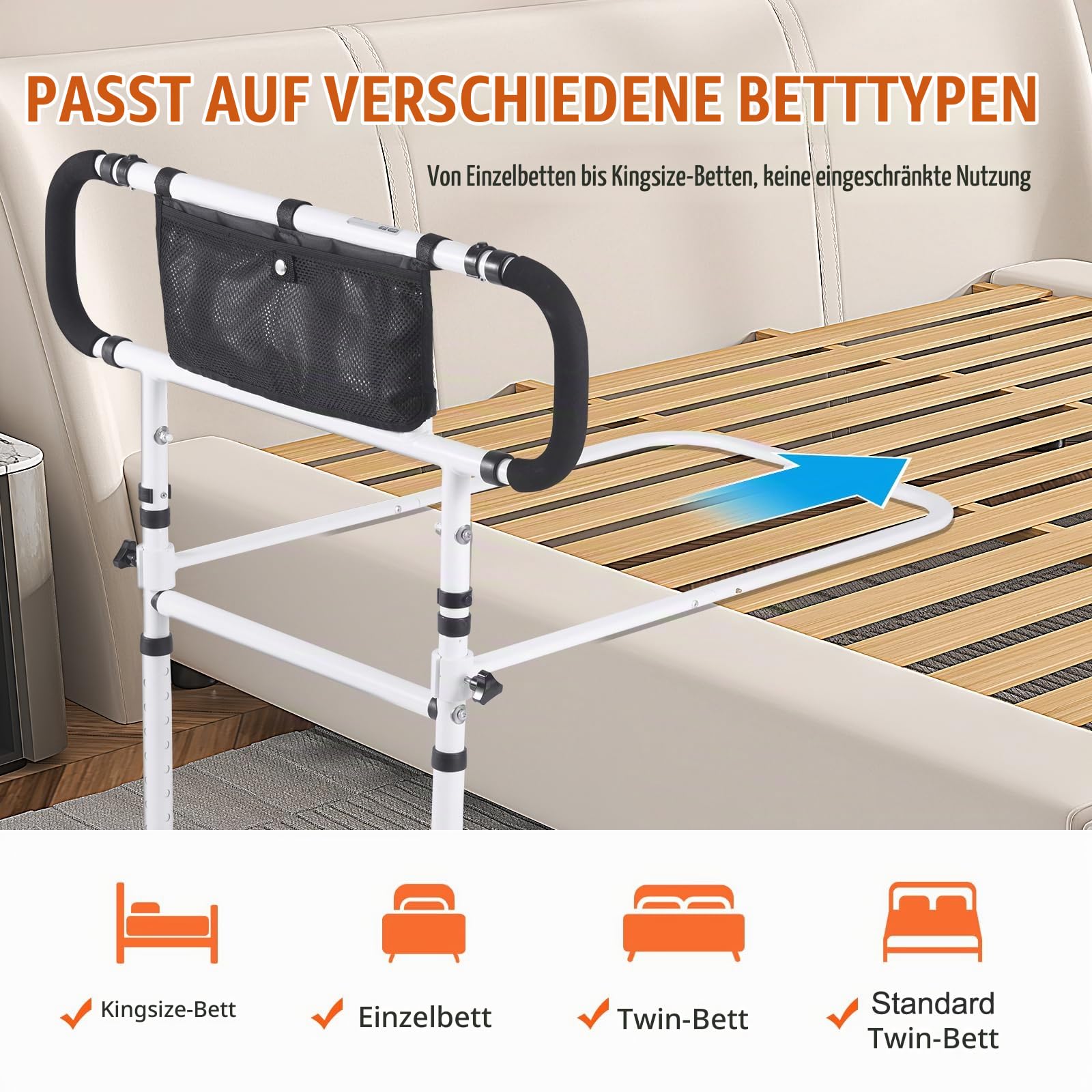 VEVOR Bettgitter für ältere Erwachsene, 180 ° Faltbare Betthilfegitter für Senioren, 4-stufiger Griff, verstellbare Bettseitenschienen, Bettstock mit Aufbewahrungstasche, passend fü