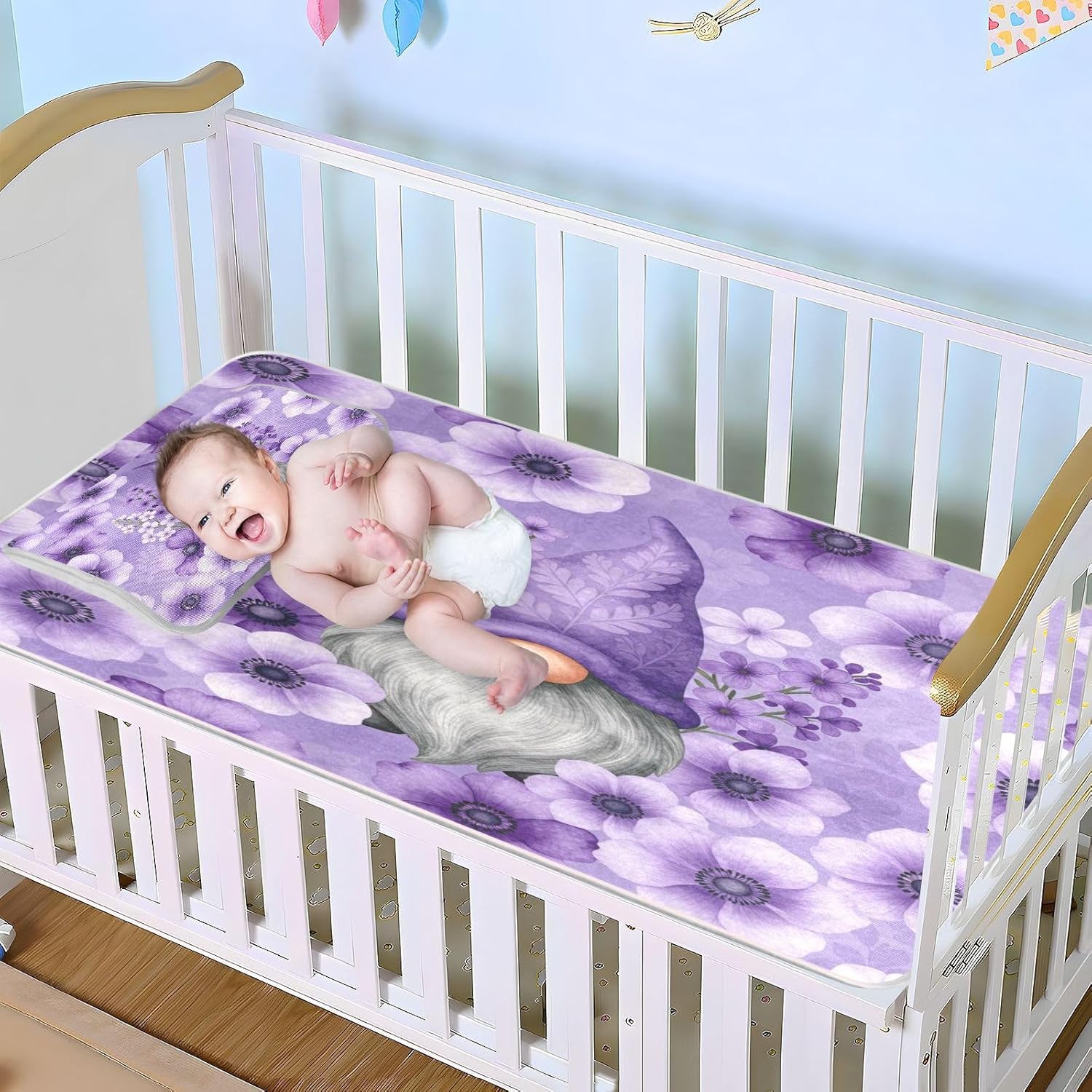Cooling Baby Bed Mattress Cover 28" x 52" Washable Cute Purple Gnome Anemones Flower Lavender Bed Pads Washable for Kids, Adult