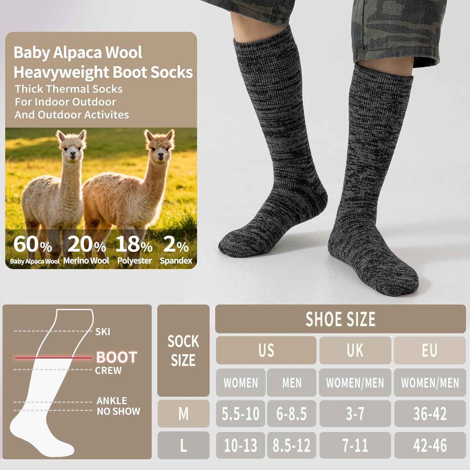 3 Pairs Alpaca Wool Boot Socks Men Women Thermal Warm Heavyweight Thick Socks Winter Hunting Hiking, Moisture Wicking - Image 6