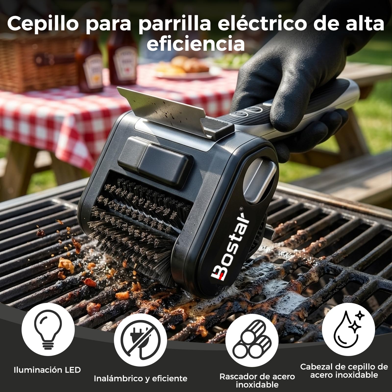 Bostar Cepillo Barbacoa Eléctrico Inalámbrico - 4000mAh Limpiador de Parrillas con Raspador de INOX y Luz LED, 450 RPM Potente para Gas y Carbón, Incluye 1 Rodillo de Repuesto