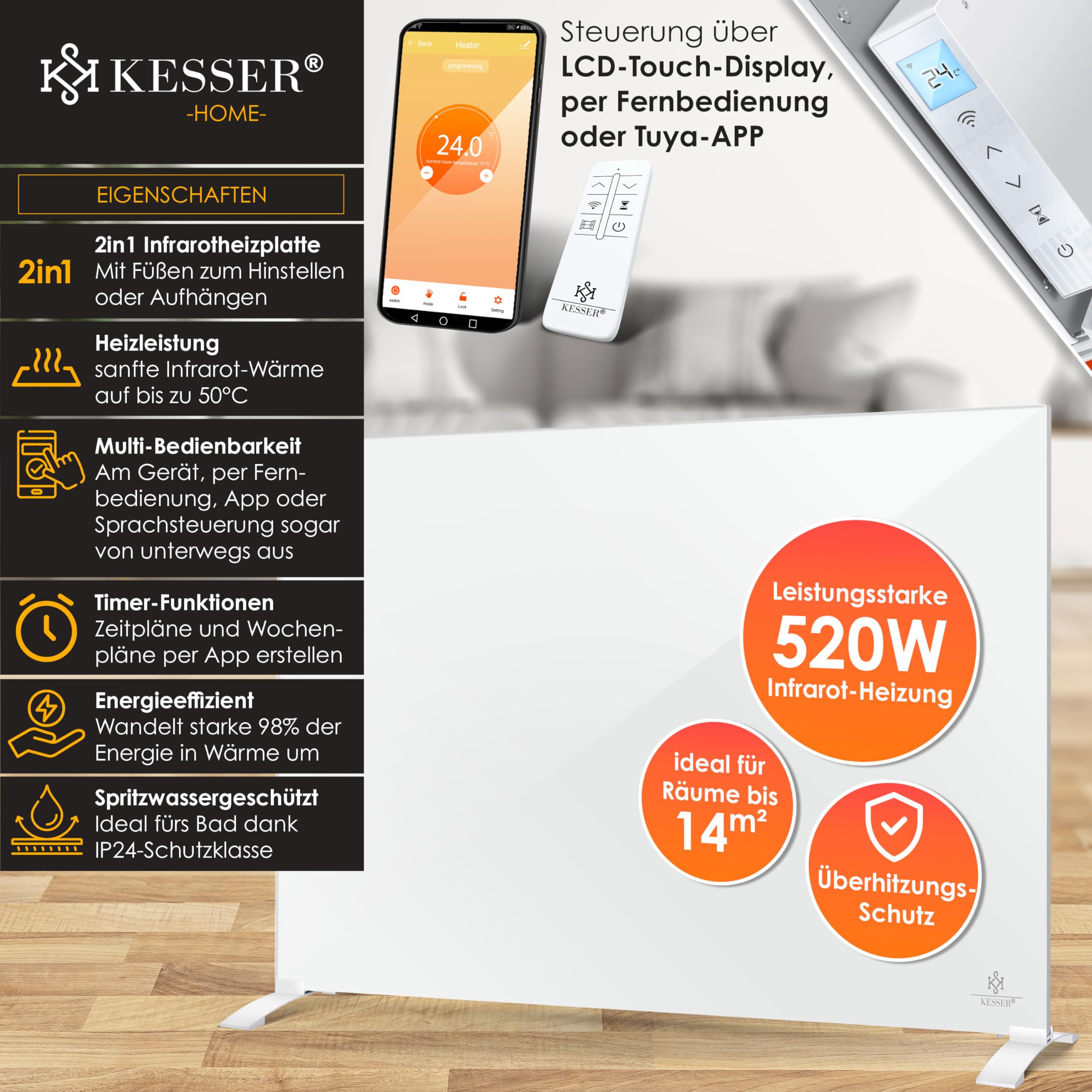 KESSER® Radiatore a infrarossi 520 W, riscaldamento in alluminio a risparmio energetico, 2 in 1, dispositivo su piedistallo e montaggio a parete con rilevamento finestra aperta + telecomando e