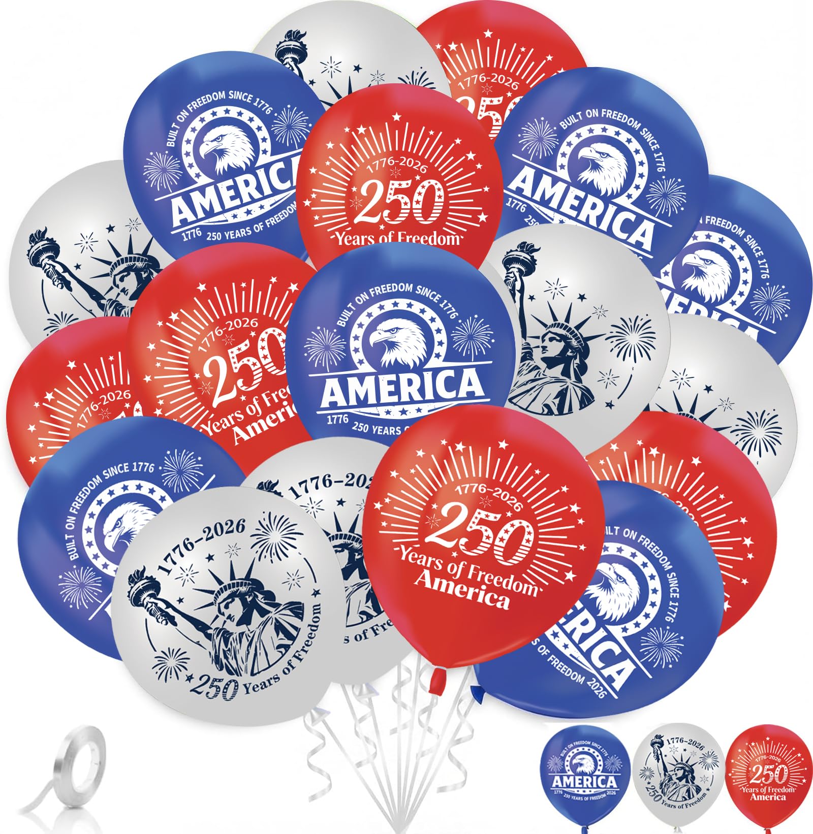 AhfuLife 250 Years Anniversary USA Decorations Balloons, 36 Pcs Large 4th of July Balloons, 12 Inches Latex with 1 Rolls Ribbons for Independence Day, Home Office Patriotic Themed Party Supplies
