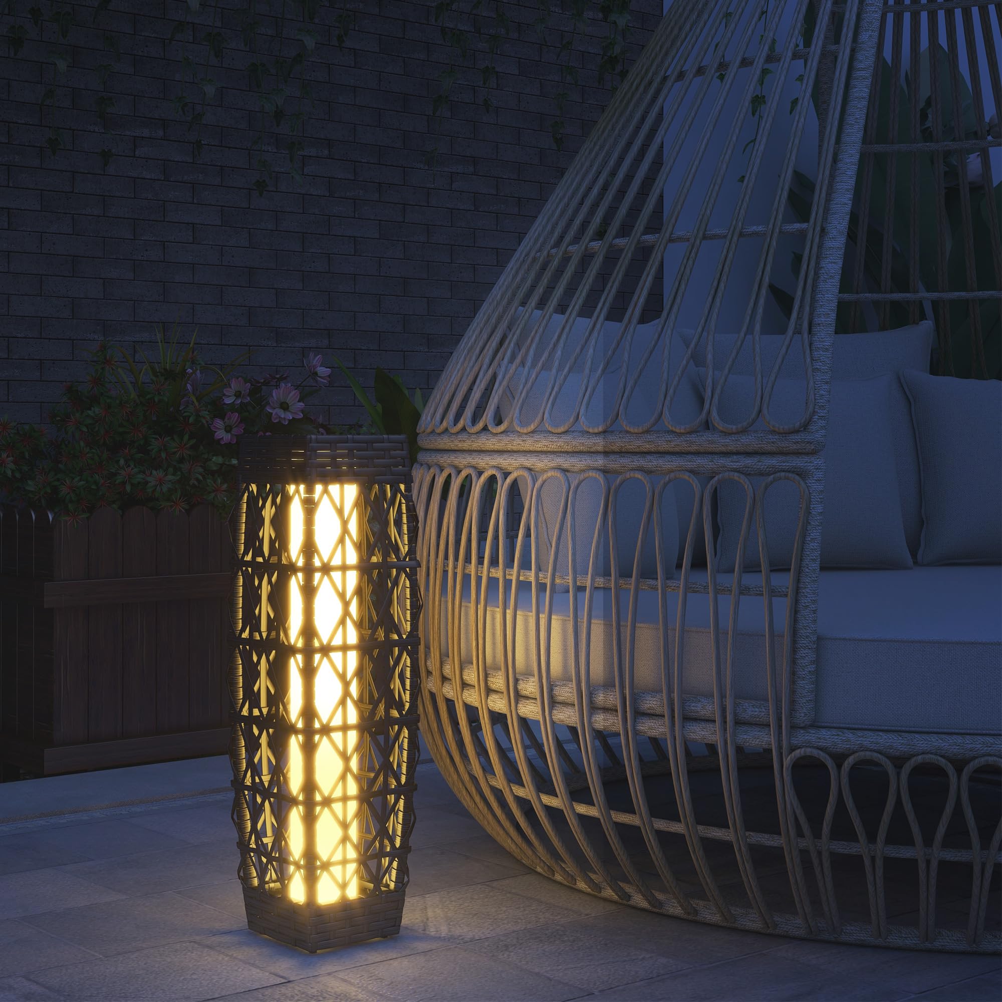 Outsunny Linterna de Jardín de Ratán Sintético Farola Solar con Luces LED Encendido y Apagado Automático para Terraza Balcón Patio 20x20x68 cm Gris
