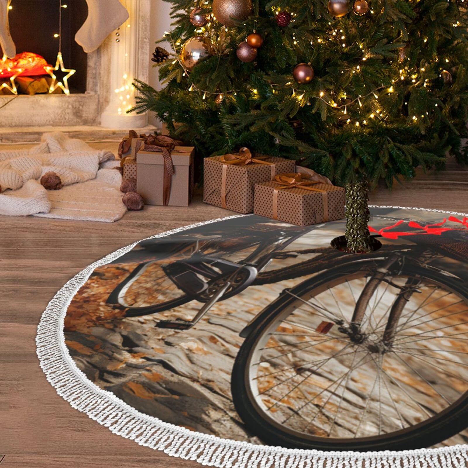 Tapis de sapin de Noël chic 121 cm à pompons et graphisme de vélo haut de gamme
