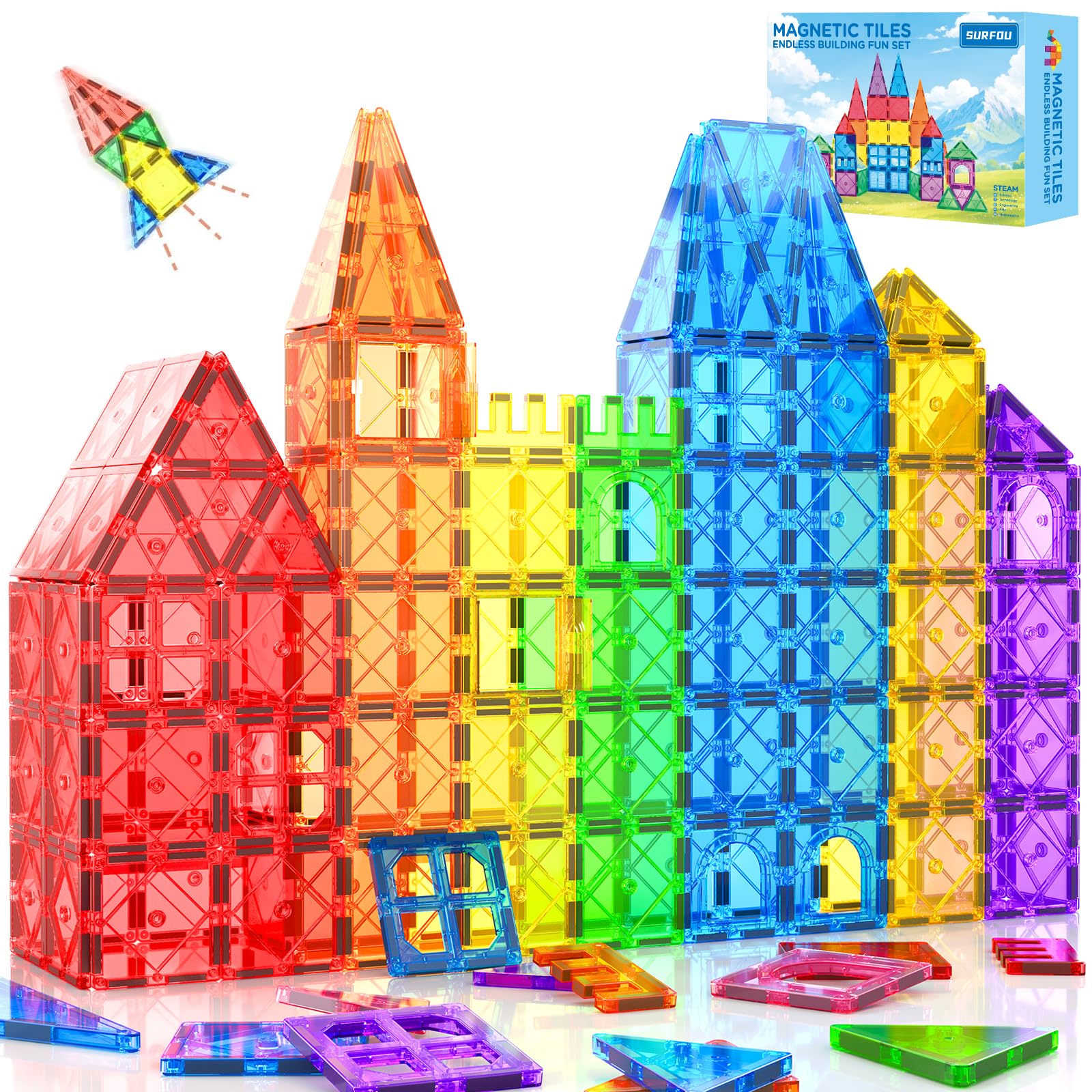 SURFOU Magnetische Bausteine Kinder, Magnetbausteine, 44 Teile | Magnetische Fliesen, STEM Magnet Spielzeug, Bauspielzeug, Montessori Spielzeug ab 3 Jahren für Jungen und Mädchen