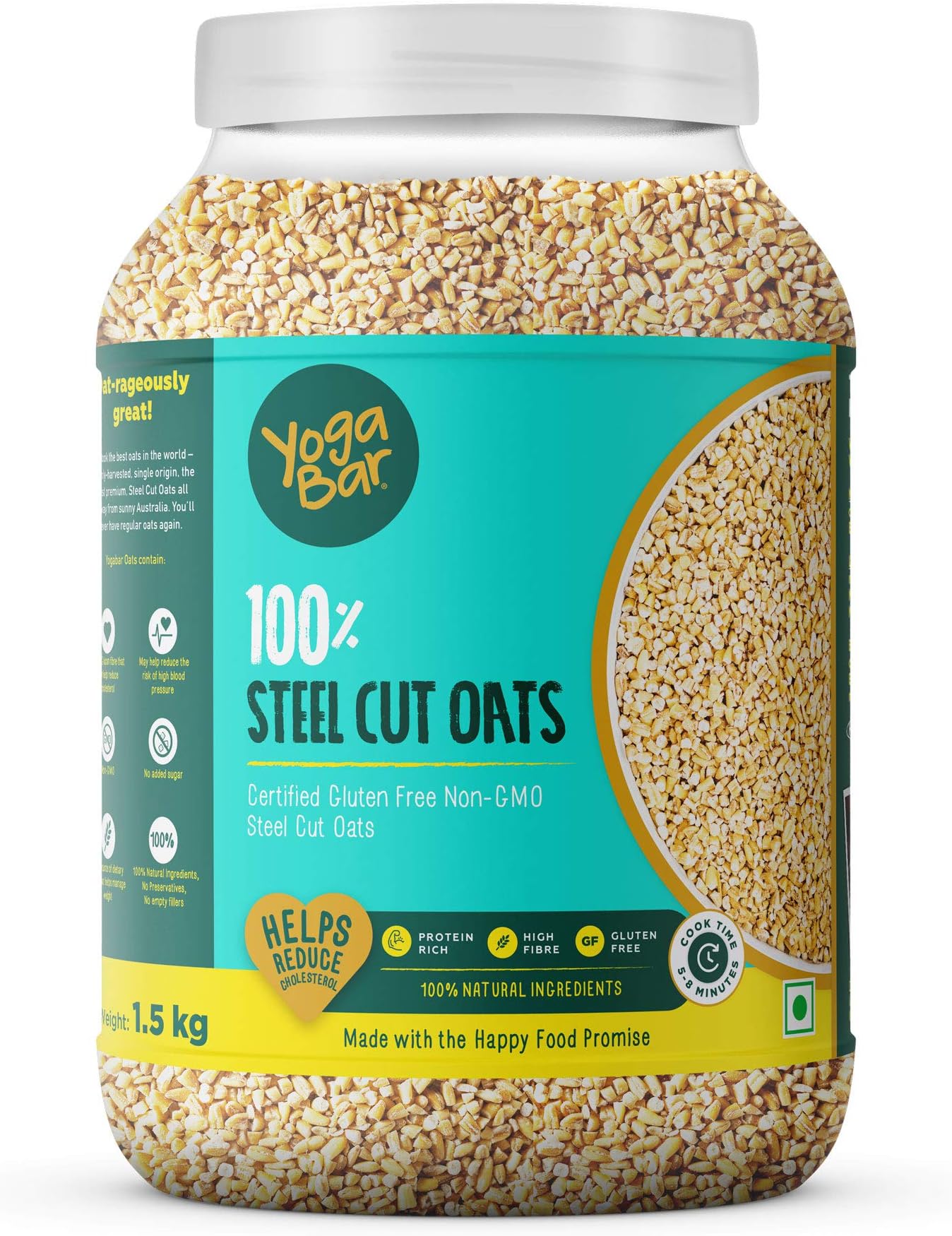 Yogabar Steel Cut Oats 1.5kg Premium Oats, Gluten Free Oats with High Fibre, 100% Whole Grain, Non GMO Protein Rich Healthy Food with No Added Sugar - 1.5 kg