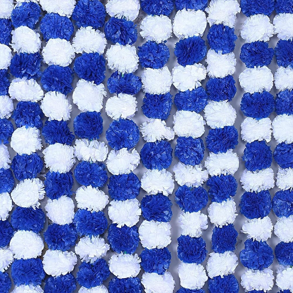 One Best Deal Blue And White Obd 5 X Artificial Marigold Flowers Faux Garland Flowers 5 Feet Indian Marigold Garland For Diwali Pooja Decoration Traditional Wedding Home Mehndi Decor & Outdoor Party (Blue And White)