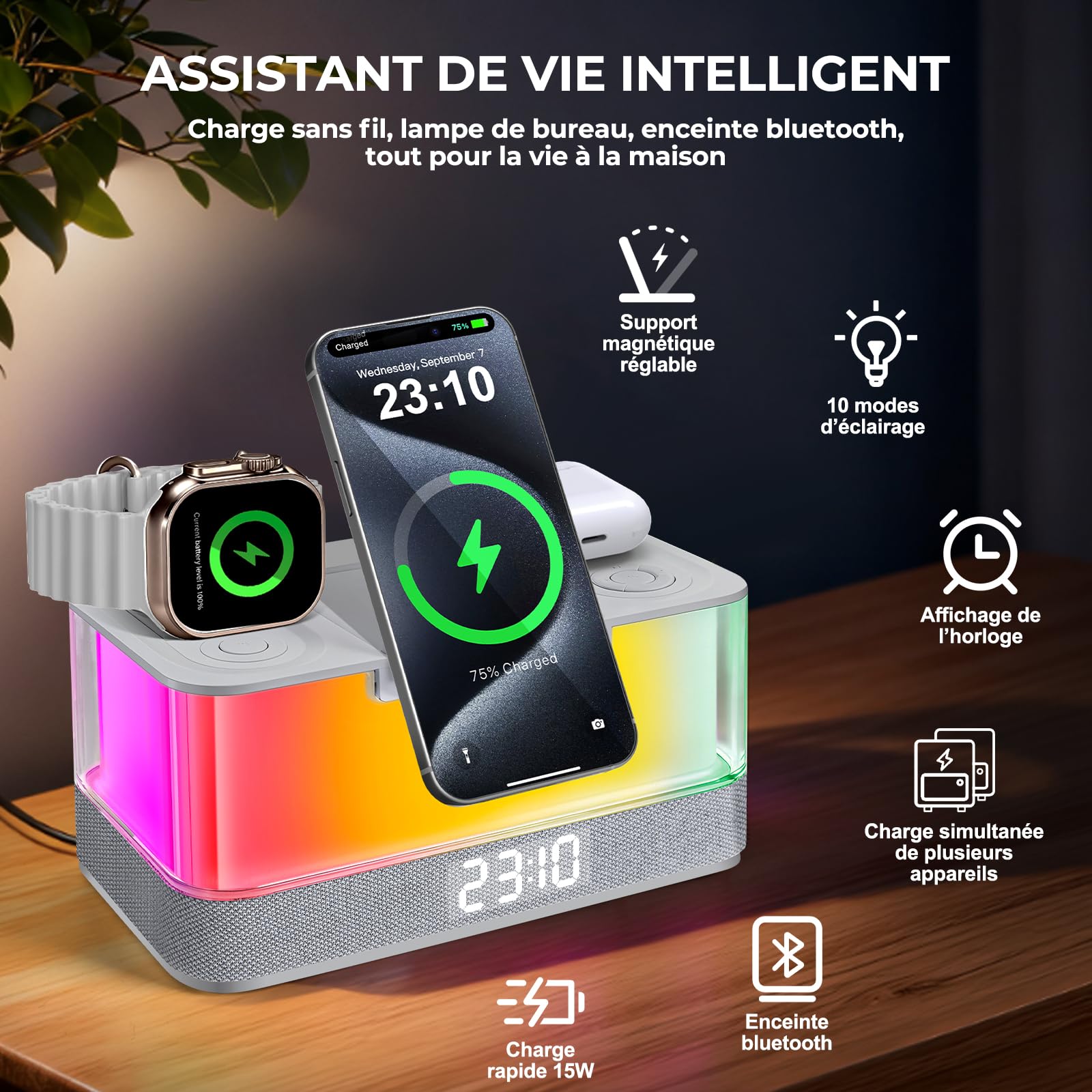 Charmofun Lampe de Chevet avec Enceinte Bluetooth et Chargeur Induction, 3 en 1 Station de Charge pour Phone Montre Connectée et Écouteurs, Enceinte Connectée avec Lampe d'ambiance Table