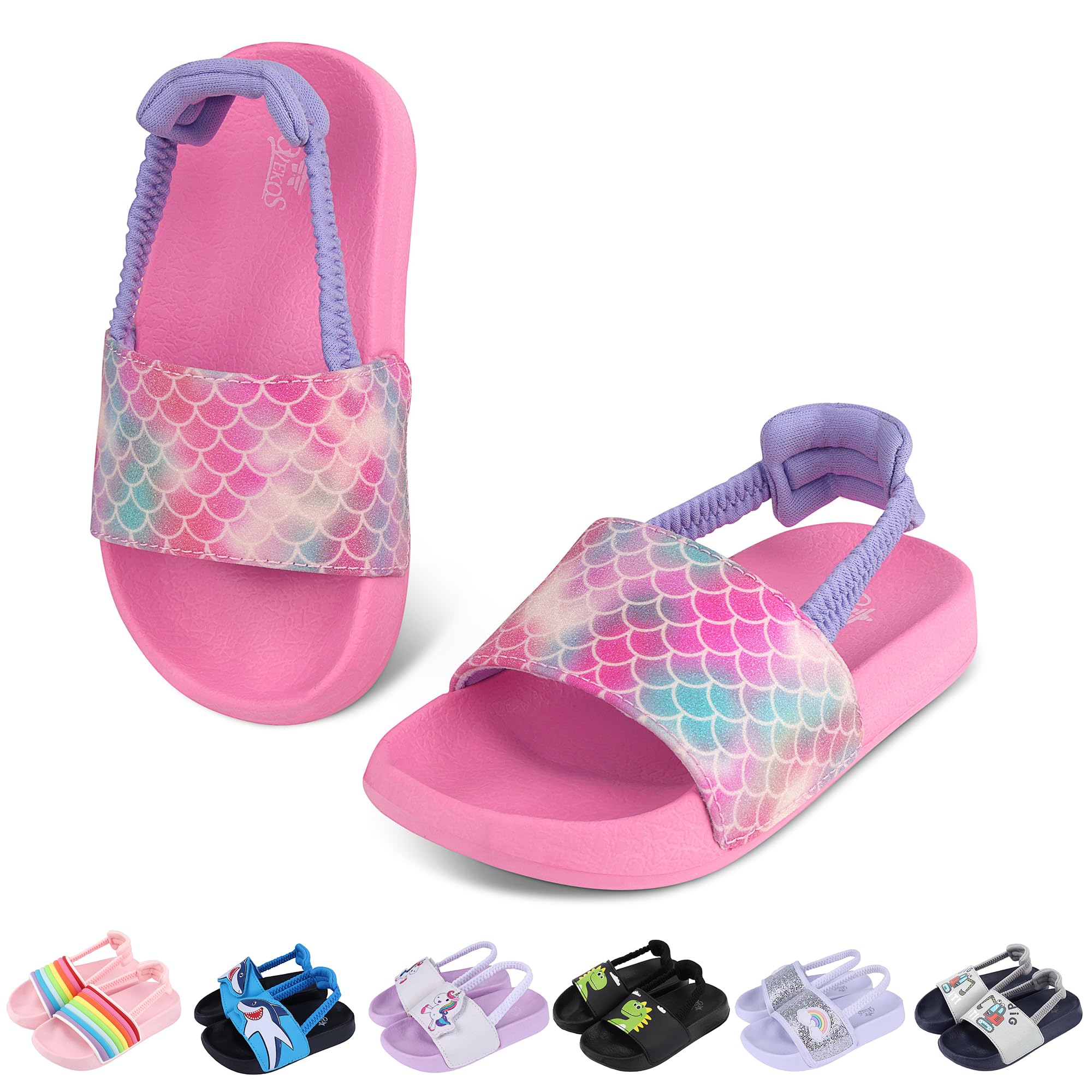 Tsukare Toddler Boys Girls Slides Sandals with Elastic Strap Non-Slip Flip Flop Lightweight Little Kids Shower Slippers Beach Pool Shoes
