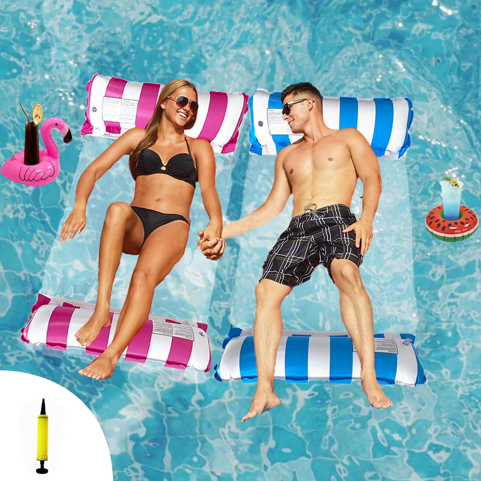 2 Pack Pool Inflatables for Adults 4-in-1 Inflatable Pool Floats Hammock with 2 Inflatable Drink Holders,Water Hammock for Swimming Pools Portable Swimming Pool Lounger