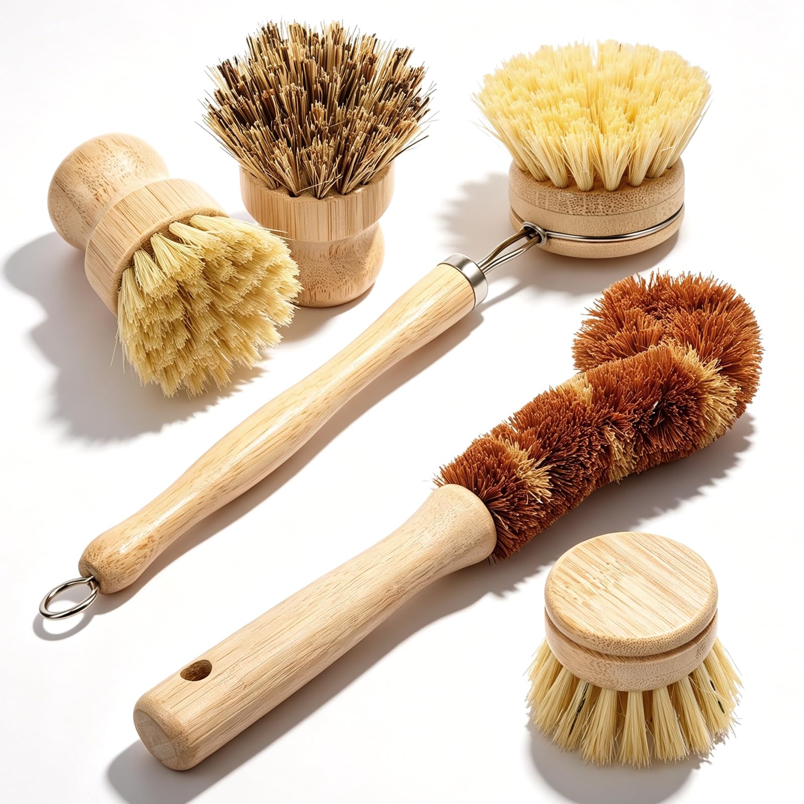 5Pcs Bamboo Dish Brush Set with Sisal Cup Scrubber Kitchen Dish Cleaning Brush for Frying Pan Pot Bottle Glass Sinks