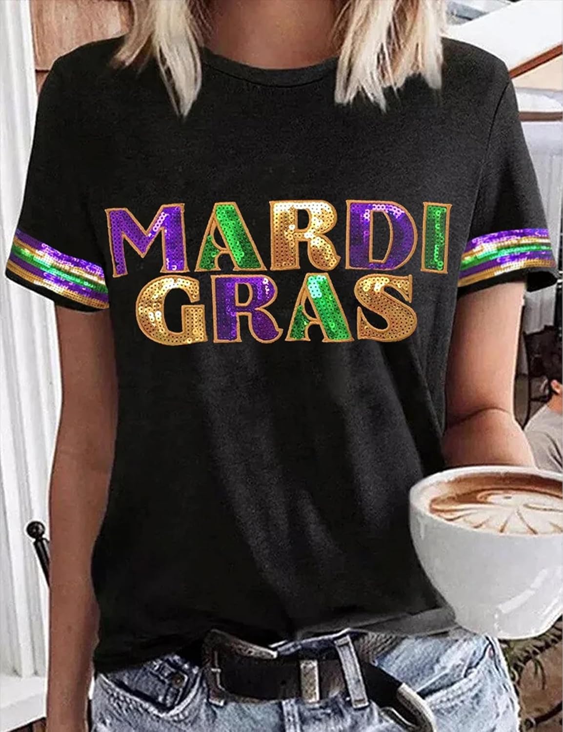 Mardi Shirt for Women Glitter Mask Graphic Tee Short Sleeve Carnival New Orleans Party Tee Top - Image 2