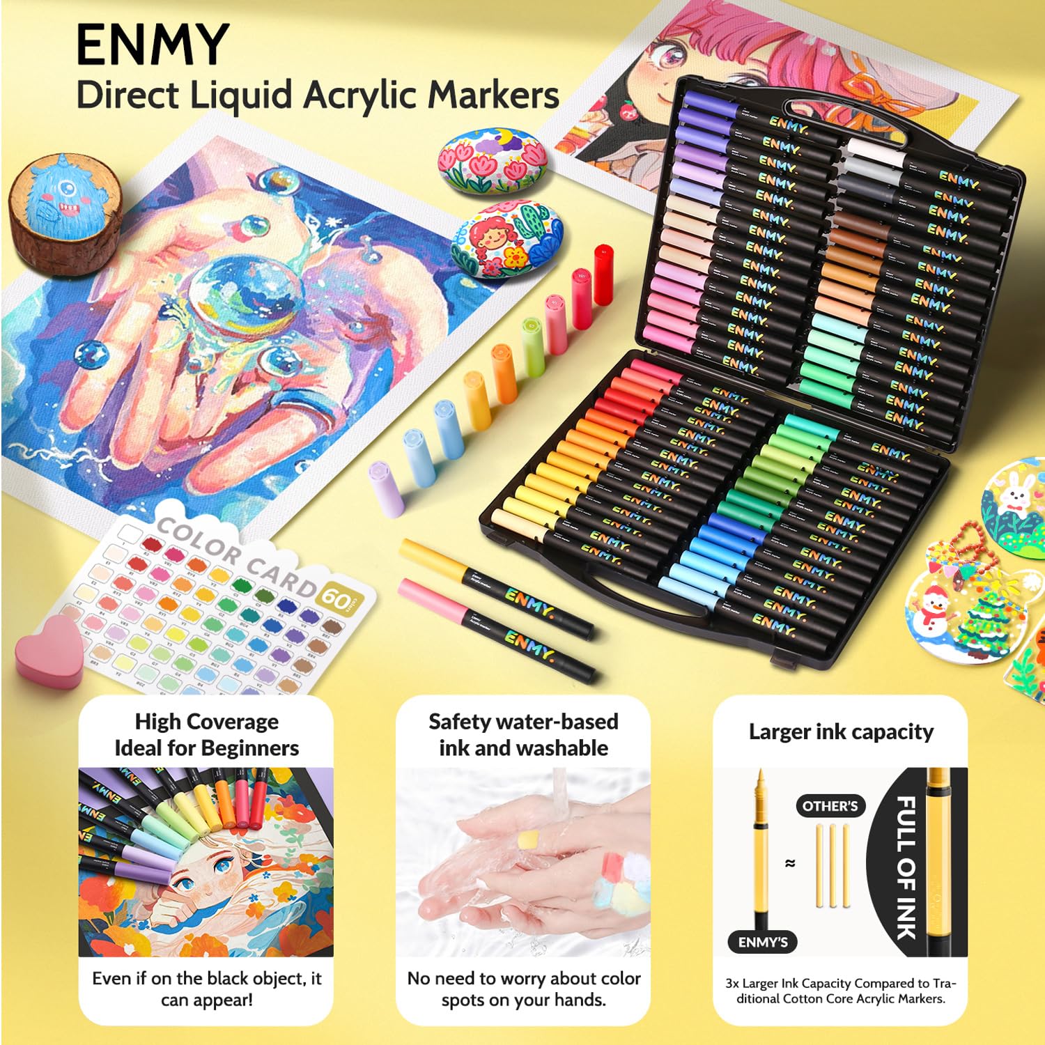 ENMY Lot de 80 marqueurs de peinture feutre acrylique à base d'eau, pointe pinceau, plumes acryliques liquides pour bois, pierre, toile, verre, tissu