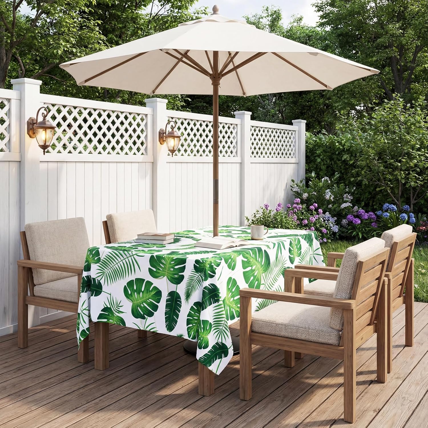 Poise3EHome Outdoor Tablecloth Rectangle with Umbrella Hole Waterproof Tropical Green Tablecloth for Spring Picnic Party Patio Table Camping, Palm Leaf (52X70 Zipper)