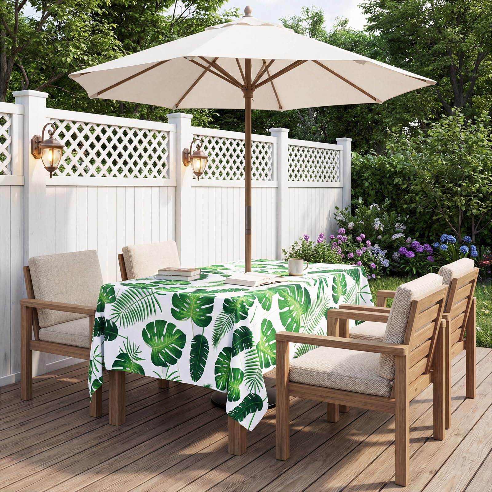 Nappe rectangulaire imperméable pour l'extérieur avec trou de parasol pour pique-nique, fête de jardin [152 x 213 cm Feuille de palmier]