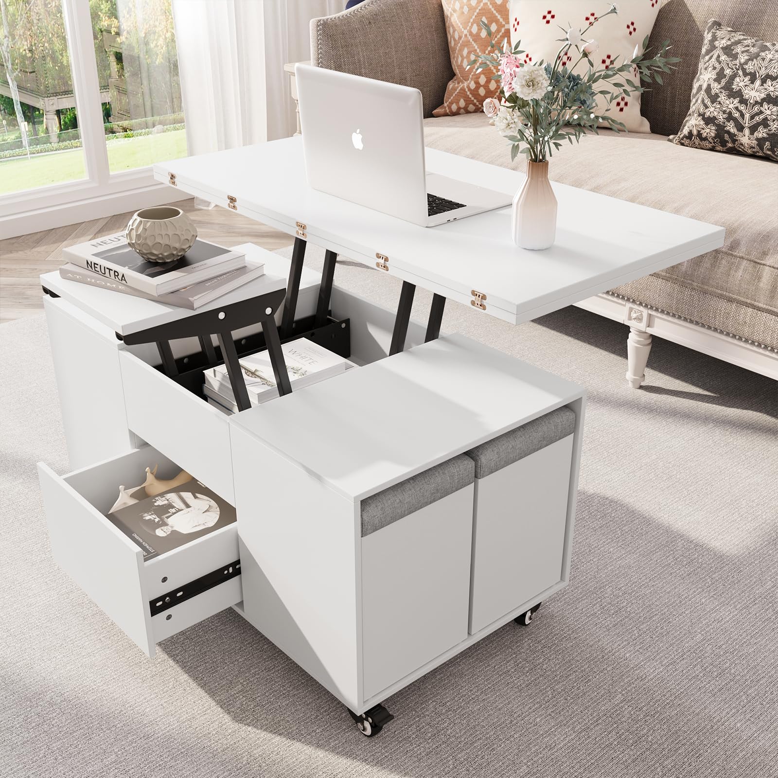 VOWNER Tavolino da Salotto Regolabile in Altezza, Tavolo da Salotto Multifunzionale 4 in 1 con 4 sgabelli, Tavolino da Salotto Convertibile in Tavolo da Pranzo da Salotto, Bianco, 108 x 106 x 68 cm