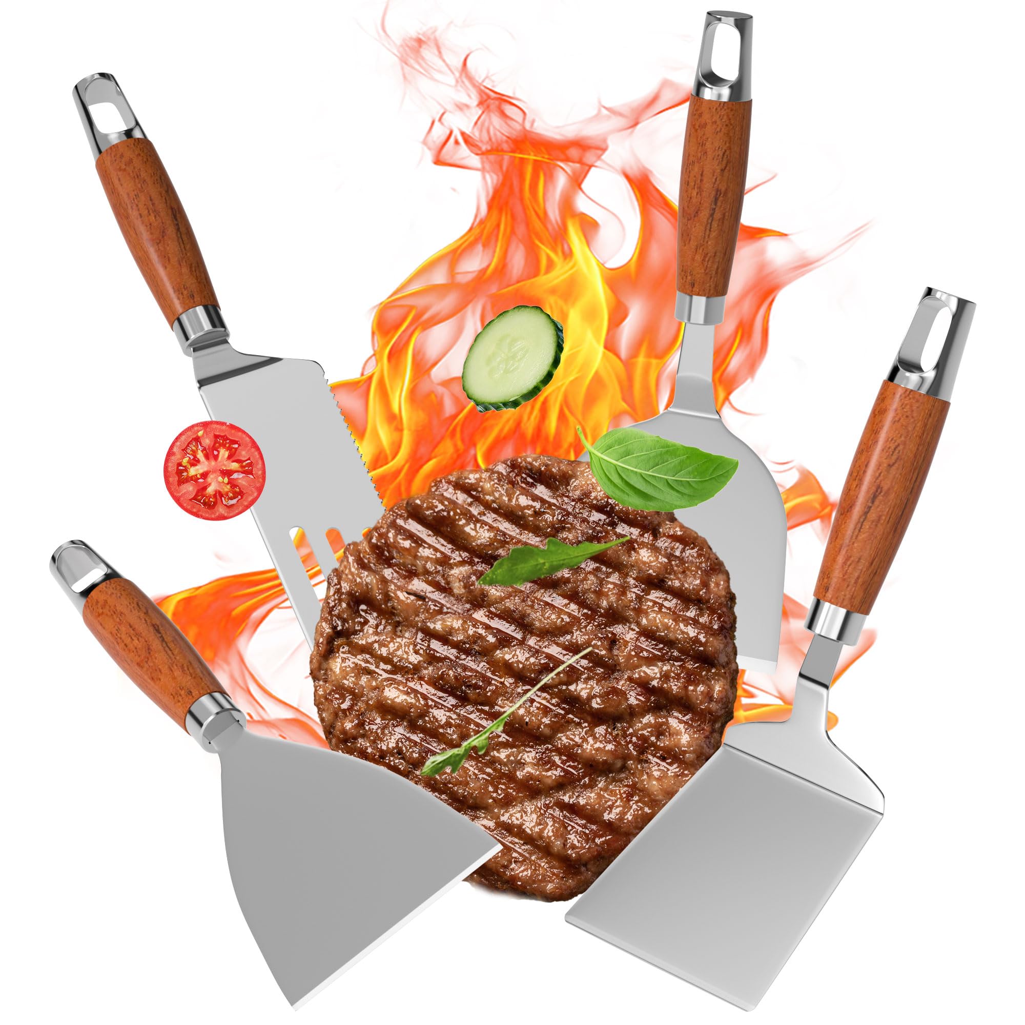 Gimars Set di 4 Spatole Professionali per Barbecue,Palette e Raschietto in Acciaio Inossidabile per Piastra Plancha,Accessori Teppanyaki Smash Burger Kit,Utensili per Griglia Barbecue Pizza
