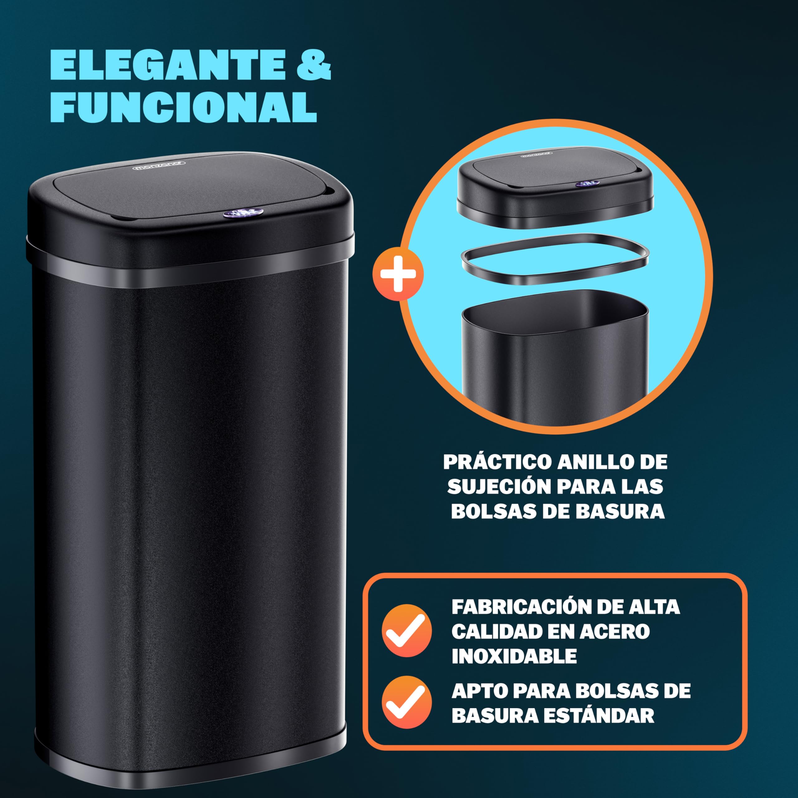 Monzana® Cubo de Basura Sensor Cocina 50L Acero Inoxidable Tapa Automática Extraíble Anillo Seguridad incl. Cable USB Indicador LED Casa Oficina Negro