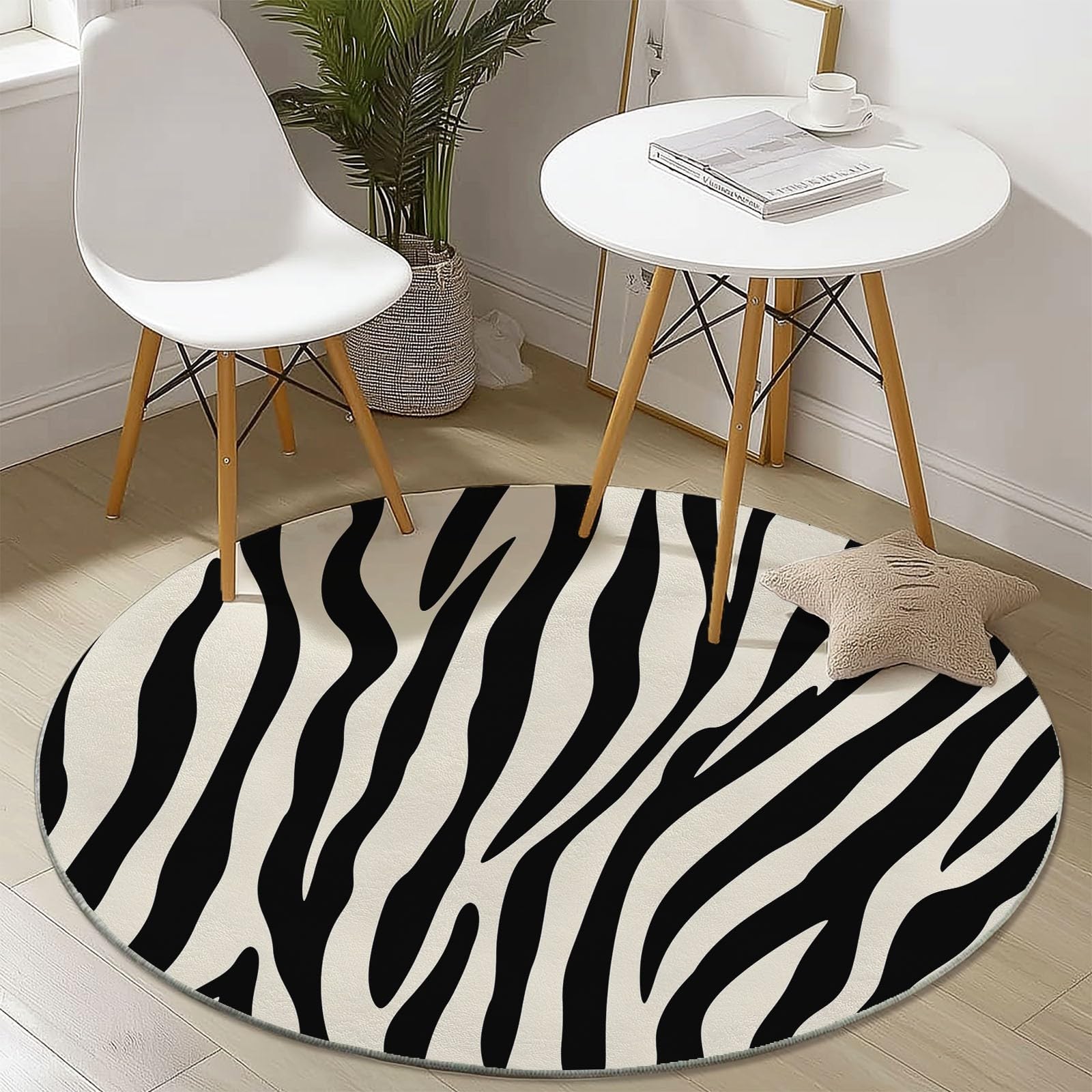 Generisch Schwarz Und Weiß Runder Teppich 160 cm Round Eingangsbereich Teppich Gestreiftes Schwarz-Weißes Zebrafell, Kleiner Kreis Bereich Küche Läufer rutschfest Waschbar Läufer