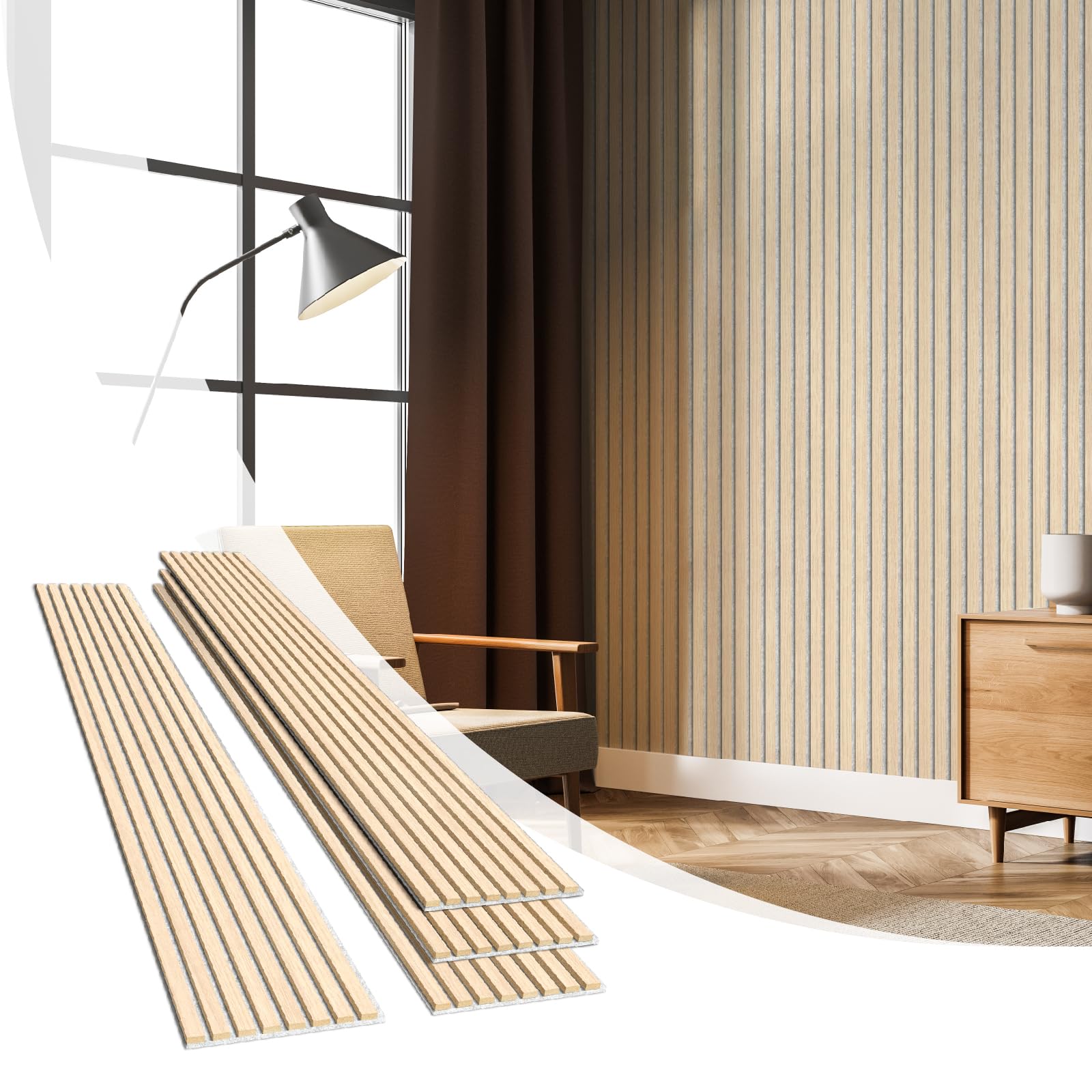 Olanglab Wood Slat Wall Panels, Wooden Wall Panels, 94.5"x12.6" Each 3D Wall Panels for Interior Wall Decor, 4 Pack in Total 94.5"x50.4" (Light Oak-Grey Felt)