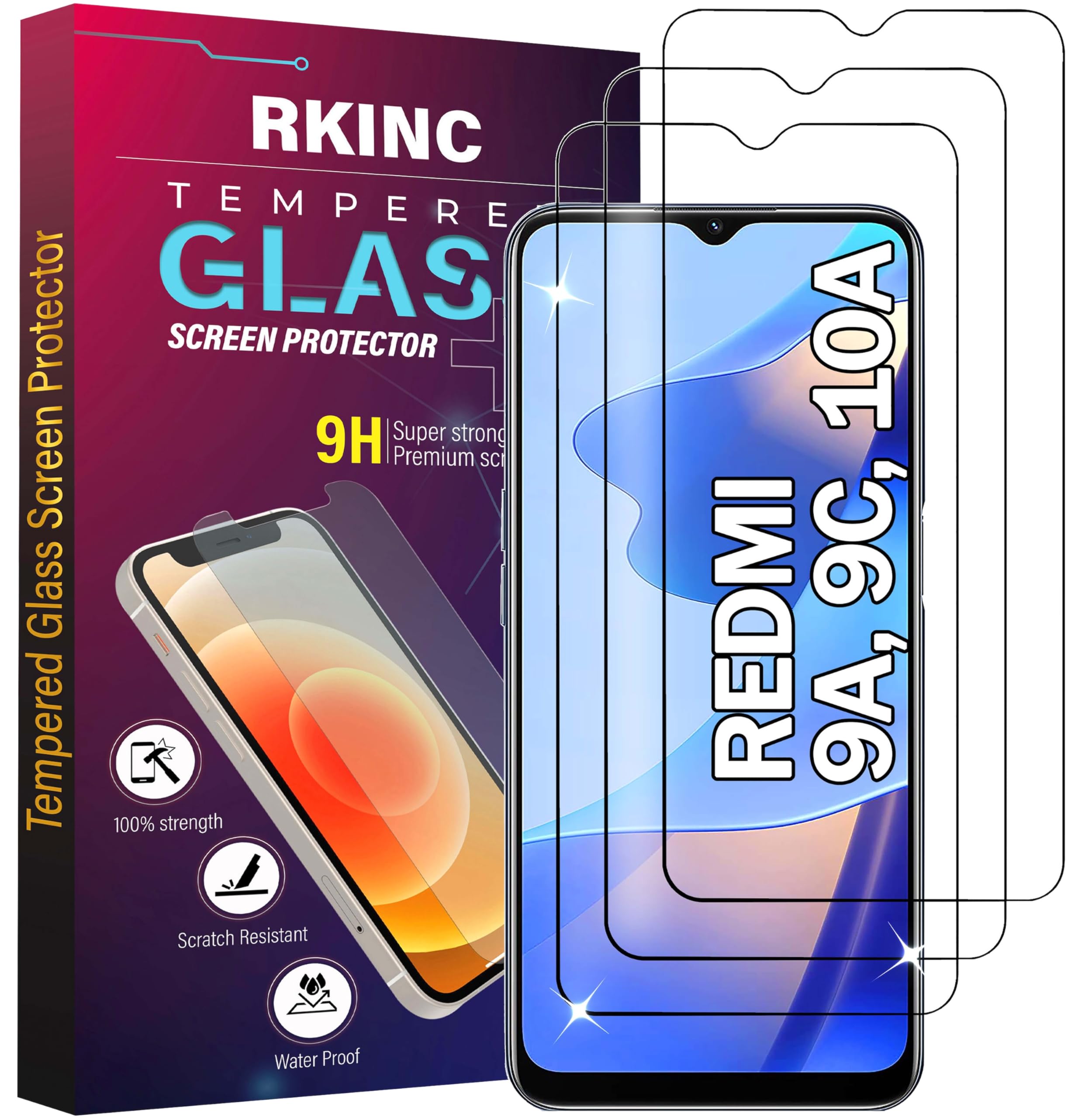 Verre Trempé De Protection Pour Xiaomi Redmi 9/9A/9C - Dureté 9H, Couleur Noir - Neuf Sous Film