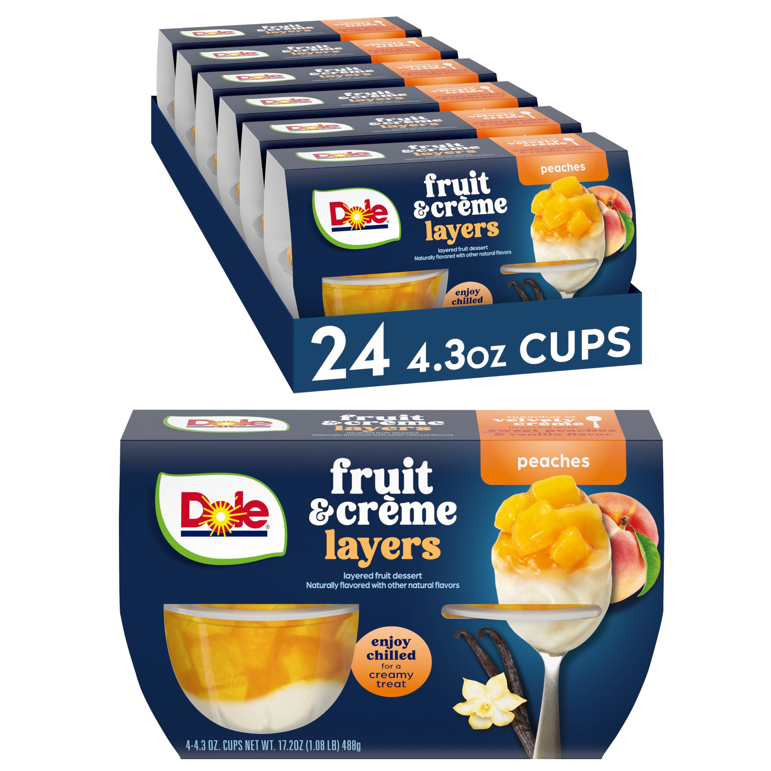 Dole Fruit Bowls Low Fat Peaches & Creme Parfait Snacks, 4.3oz 24 Total Cups, Gluten & Dairy Free, Bulk Lunch Snacks for Kids & Adults