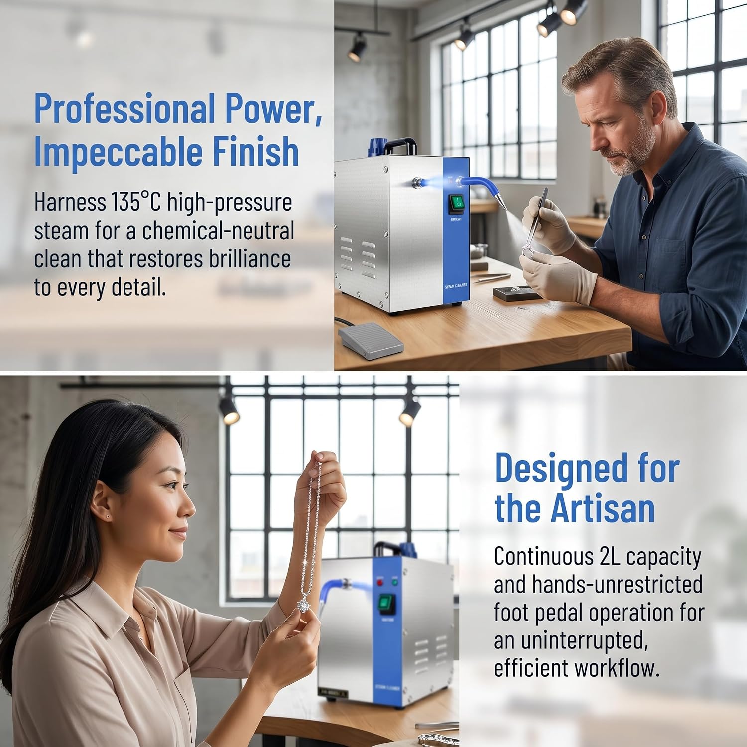 Professional High-Pressure Jewelry Steam Cleaner, 135°C/275°F High-Temperature Steam, 8-Min Fast Heat-Up, 0.5 Gal/2L Large Water Tank, Complete Accessories, Ideal for Gem & Diamond Jewelry Cleaning.