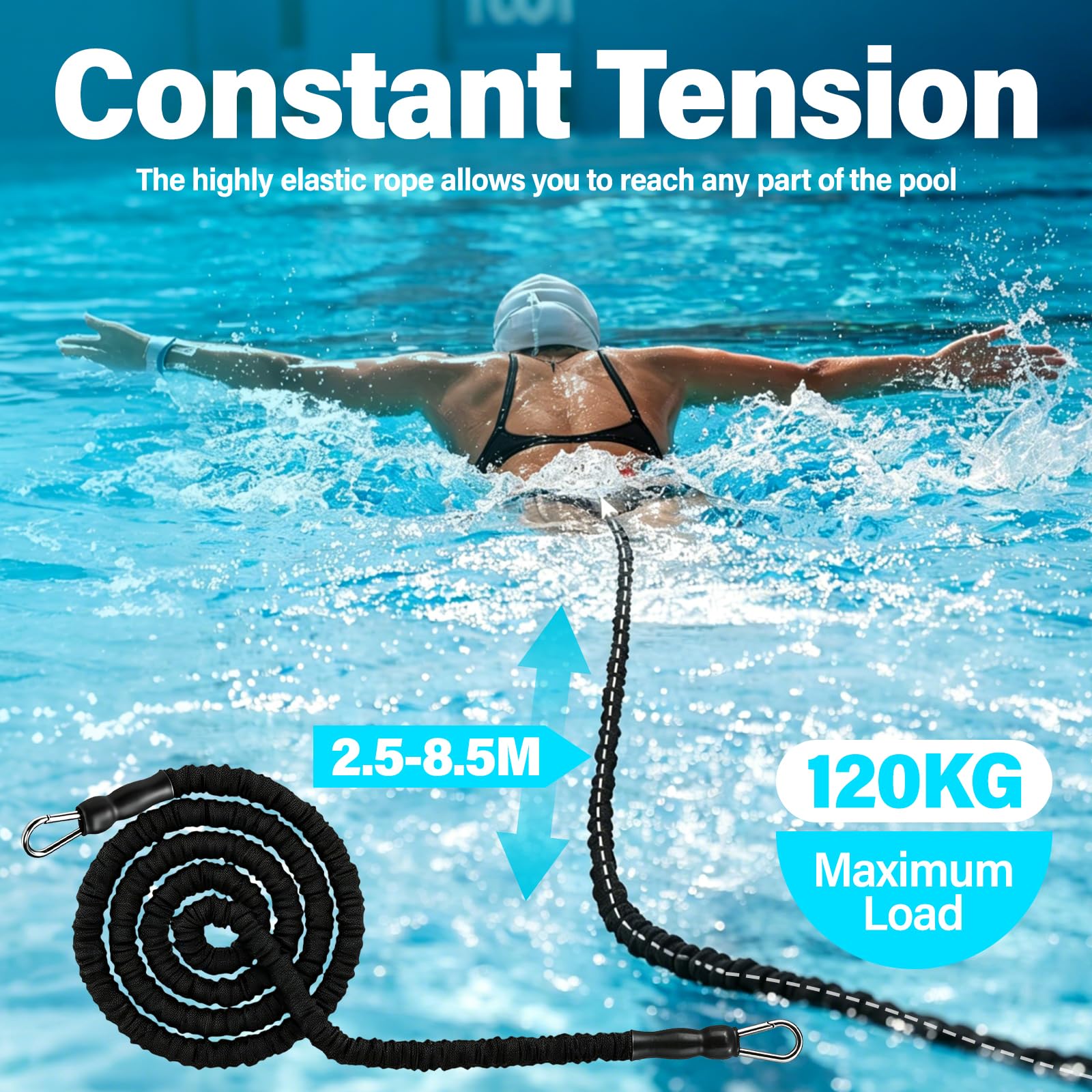 2026 Premium Schwimmgurt für Pool, 2.5-8.5M Einstellbare Schwimmgürtel Erwachsene für Pool, Schwimmhilfe mit Elastischen Gummibändere für Jedes Schwimmbad Schwimmtrainer