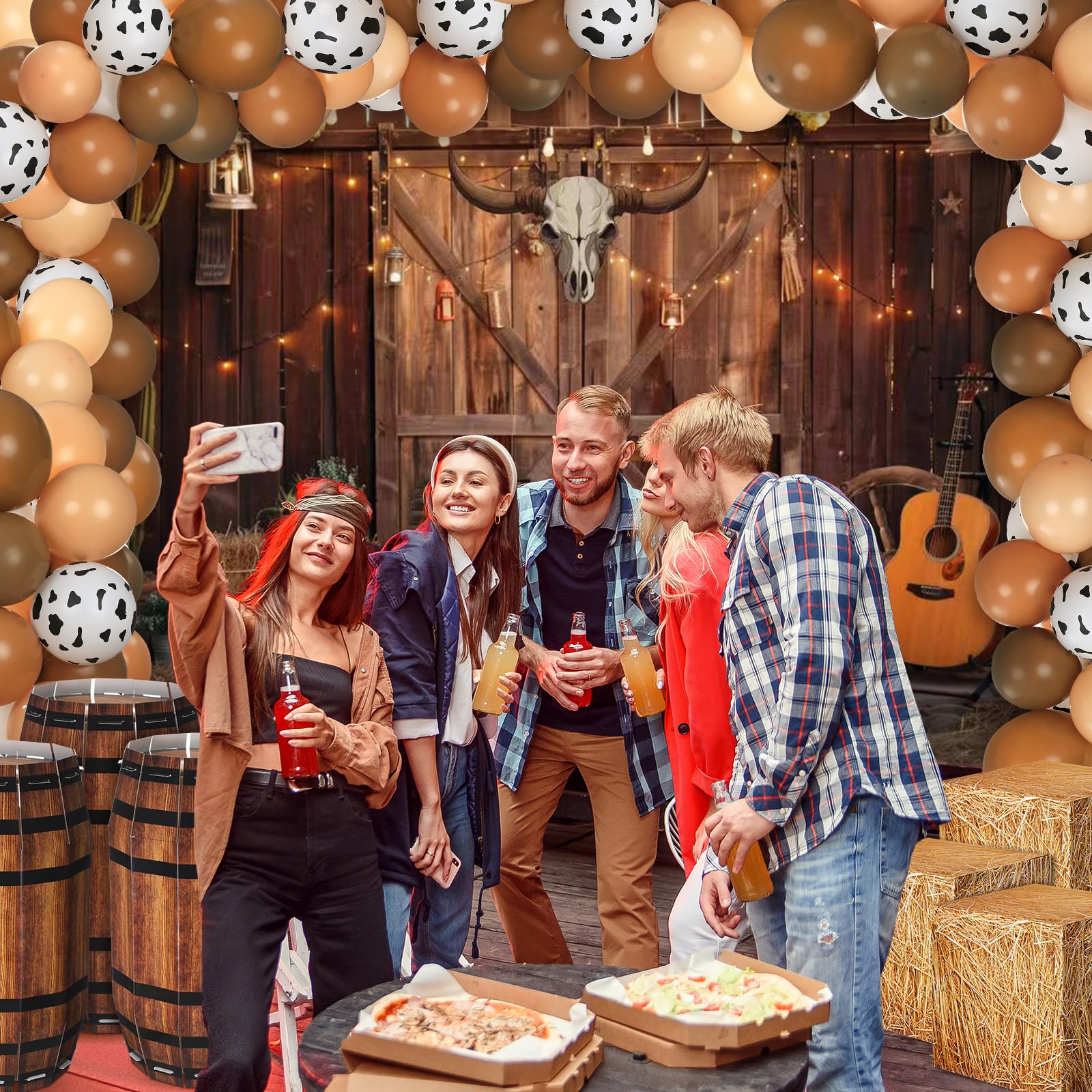 Threan 72pcs Bale Scatole Decorazione Western Cowboy Party Tridimensionale Barile di Legno Palloncino Western Cowboy Sfondo Grande Partito Sfondo Tema Festa di Compleanno Fotografia Puntelli