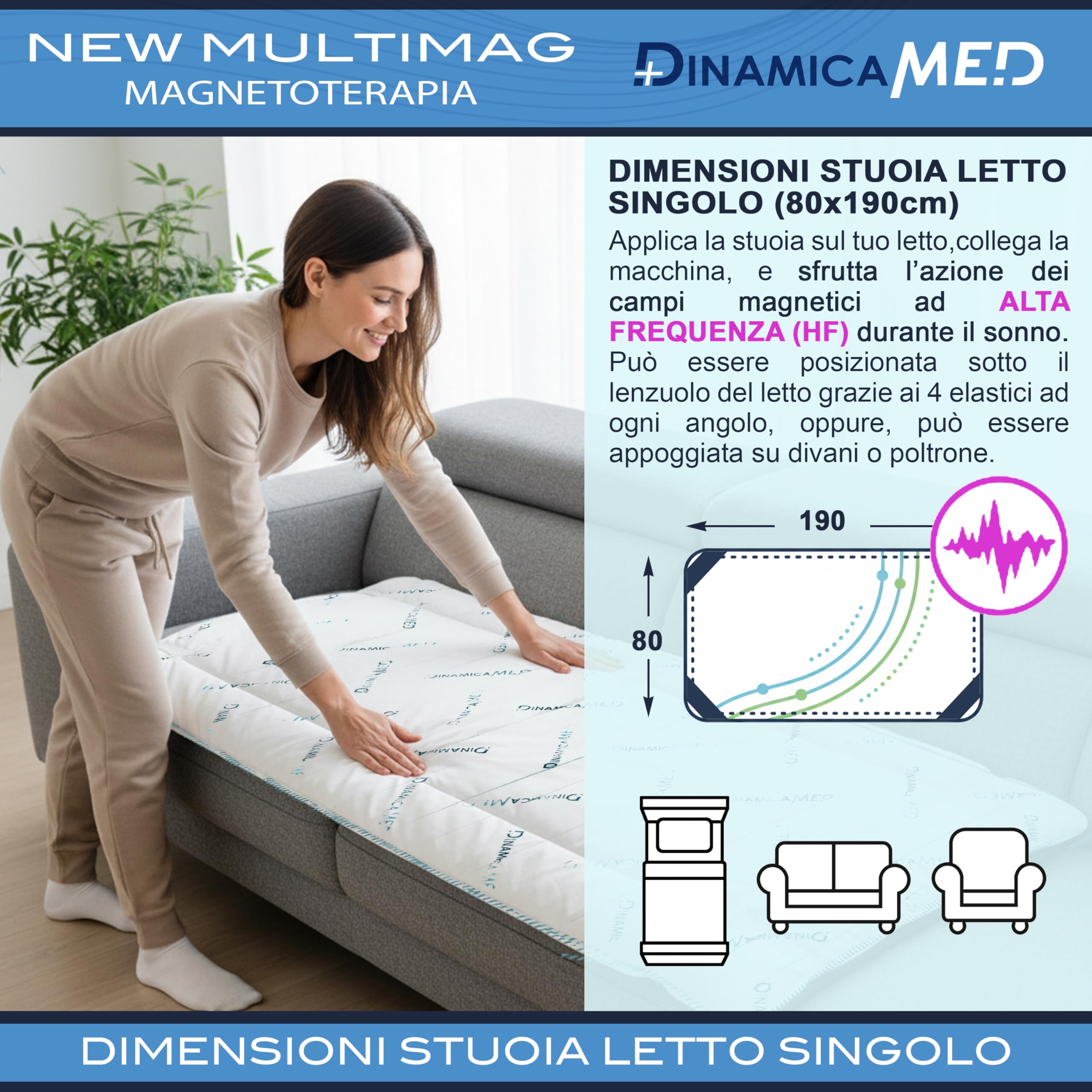 Dinamicamed New MultiMag PRO 5.0 Apparecchio per Magnetoterapia, Magnetoterapia con 1 Diffusore in Bassa Frequenza (LF) e Stuoia 80x190 ad Alta Frequenza (HF)