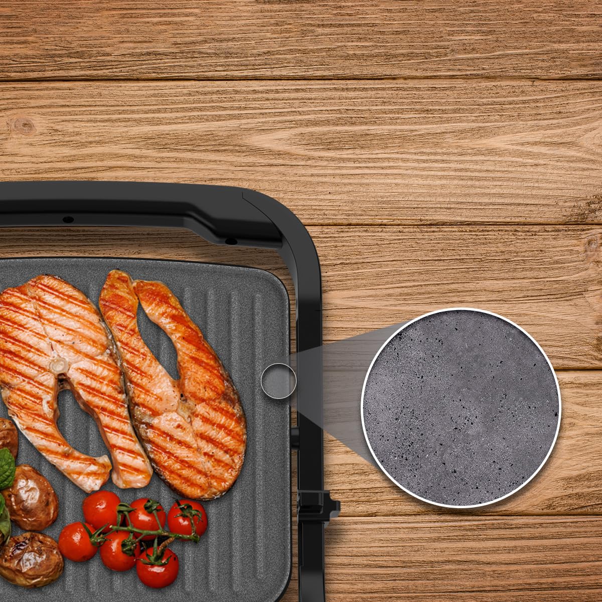 Cecotec Gril Électrique avec Grill Rock'nGrill 2000 Full Open. 2000W, Ouverture 180º, RockStone Antiadhérent, Plaque Flottante, Bac Récupérateur de Graisse, Rangement Vertical, 279x229 mm